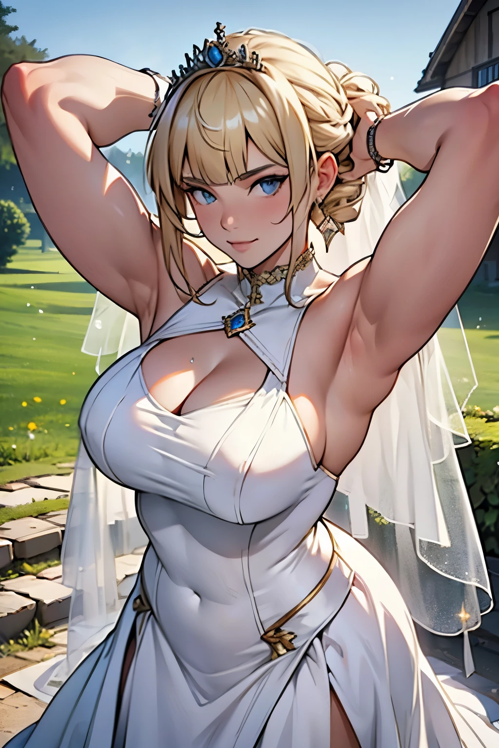 girl,,Wedding dress,European countryside,blonde,Bangs Bangs,Pretty face,Thick and muscular arms,tiara,Underarm