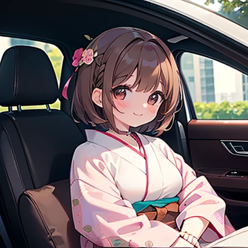 Beautiful slightly large breasts, Brown Hair, Brown eyes, Wave Shorthair, bangs, blush, bright, smile, Baby Face, first round, choker, Lock, , Enchanted, Droopy eyes, cute hair accessories, Pink kimono, luxury car, lie down, White sofa, Inside the car, Brown puppy,