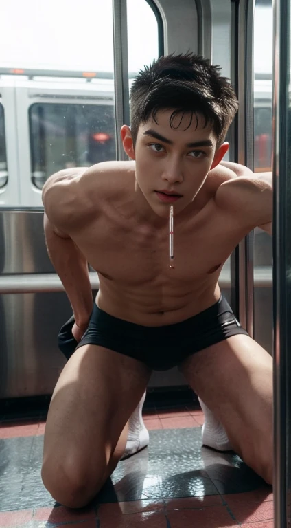 (A lovely Shota:2),(Colored screen:1.2),solo person,(full bodyesbian:3),(Stay away from the lens:3),Expose your legs,(revealing the whole body:2),(Frontal heads-up view:1.2),malefocus,(looking at viewert), old,(Tall:3),(Tall guy:2),Super tall,(Height 300 cm:2),Excellent body proportions,(1.The shoulders are 5 times wider:1.2),(Slender straight legs:2.5),Slender feet,small headusculous,(Lovely and pretty:2),(The face of an anime man),(Very detailed beautiful face and eyes:2),(Big bright eyes:1.2),Sharp eyeliner,Clear and beautiful face,,exhilarated,(Happy smile:2),short detailed hair,(Correct facial features),(tilts your head:1.5),(Pink Spider-Man suit:2),(Muscle firming:2),Strong,(Wide shoulders and narrow waist:2.2),Sports men's socks,Detailed muscle texture,Highlights muscle structure,In the subway car,(kneeling to sitting on the ground:4),(full length shoot),ultra-realistic realism, (Photorealistic detail), Incredible accuracy, lifelike textures, masterful technique, Jaw-dropping precision, artistic dedicatiotomy correct),Good lighting,exquisite detailing,Best quality,stunning masterpiece,CG