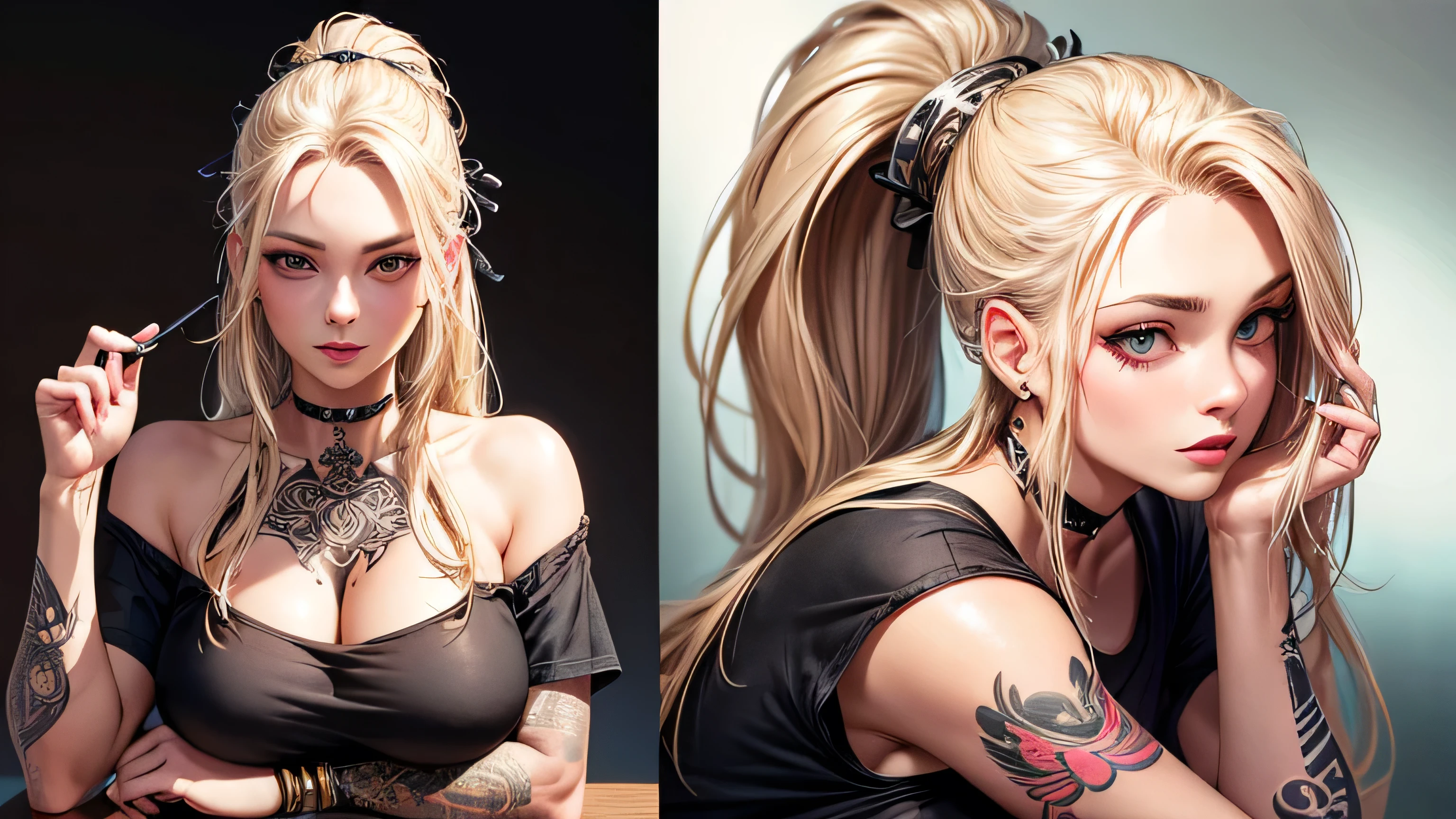 40s One woman Black short-sleeved T-shirt, tattoo, beautiful blonde Long Hair up A worn-out bar Bourbon Perfect and detailed facial expression Perfect and detailed eye depiction Perfect and detailed hair Perfectly detailed upper body Perfect and detailed breast depiction