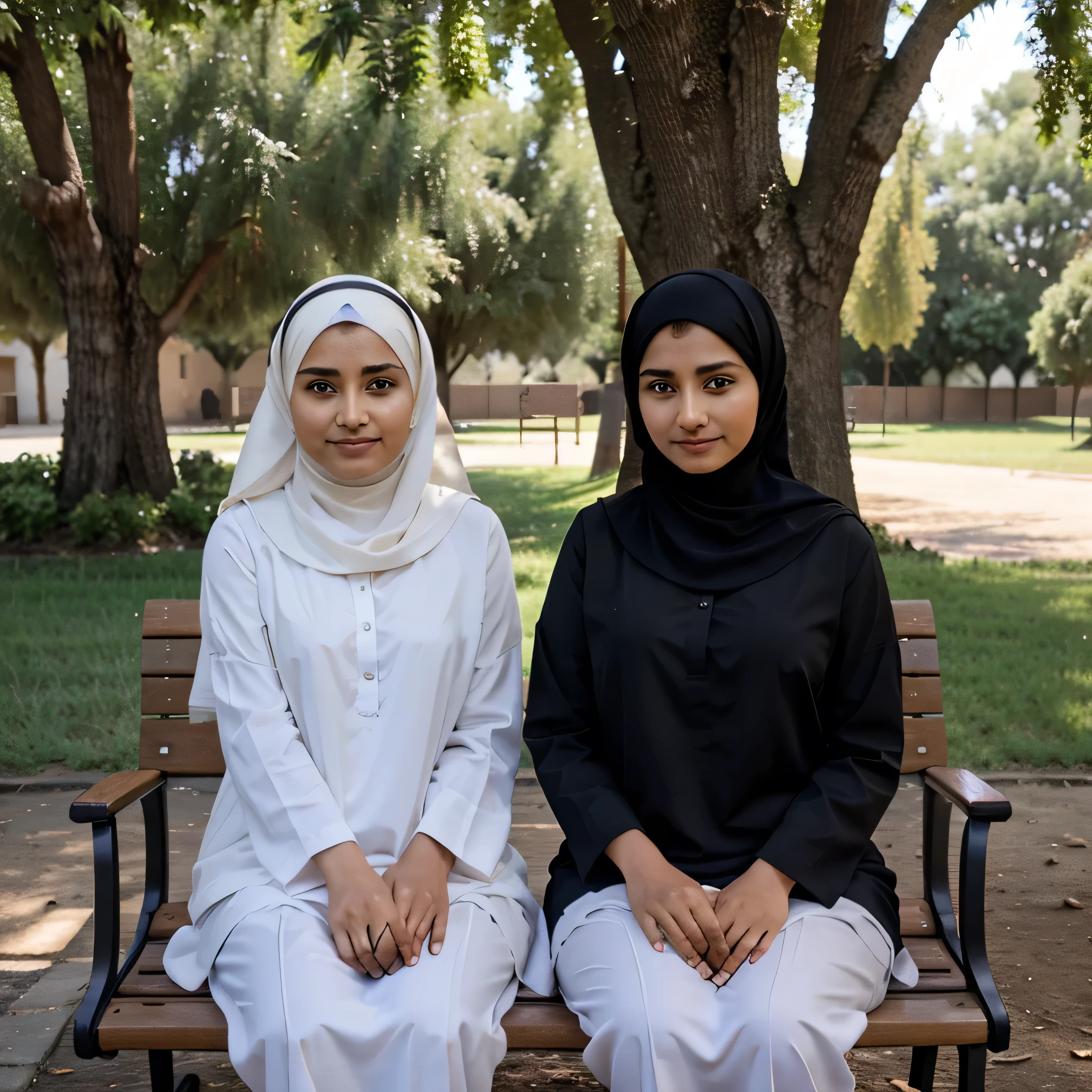 Two muslim girls sitting in bench under a tree with natural background name is "SAFIYA" and "Sumaira"