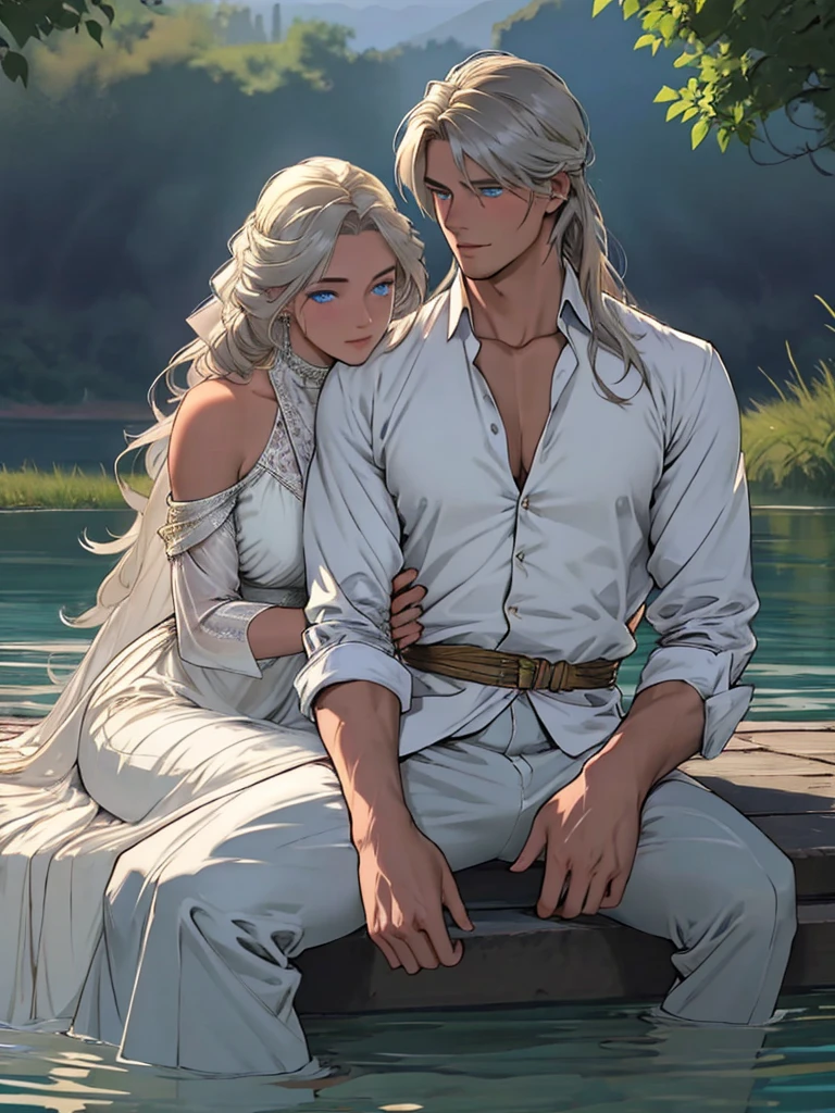 couple 1 man 1 woman. A tall, handsome, statuesque, courageous young man with long platinum hair, blue eyes, tanned skin is sitting on the shore of a lake, he is dressed in an antique white shirt and dark trousers, next to him sits an incredibly beautiful young golden-haired femme fatale with blue eyes, long golden hair, long bangs, dressed in an antique dress. They're in love. Masterpiece, perfect image, realistic pictures, detailed face study, full-length image, 8k, detailed image. extremely detailed illustration, a real masterpiece of the highest quality, with careful drawing. amateur men