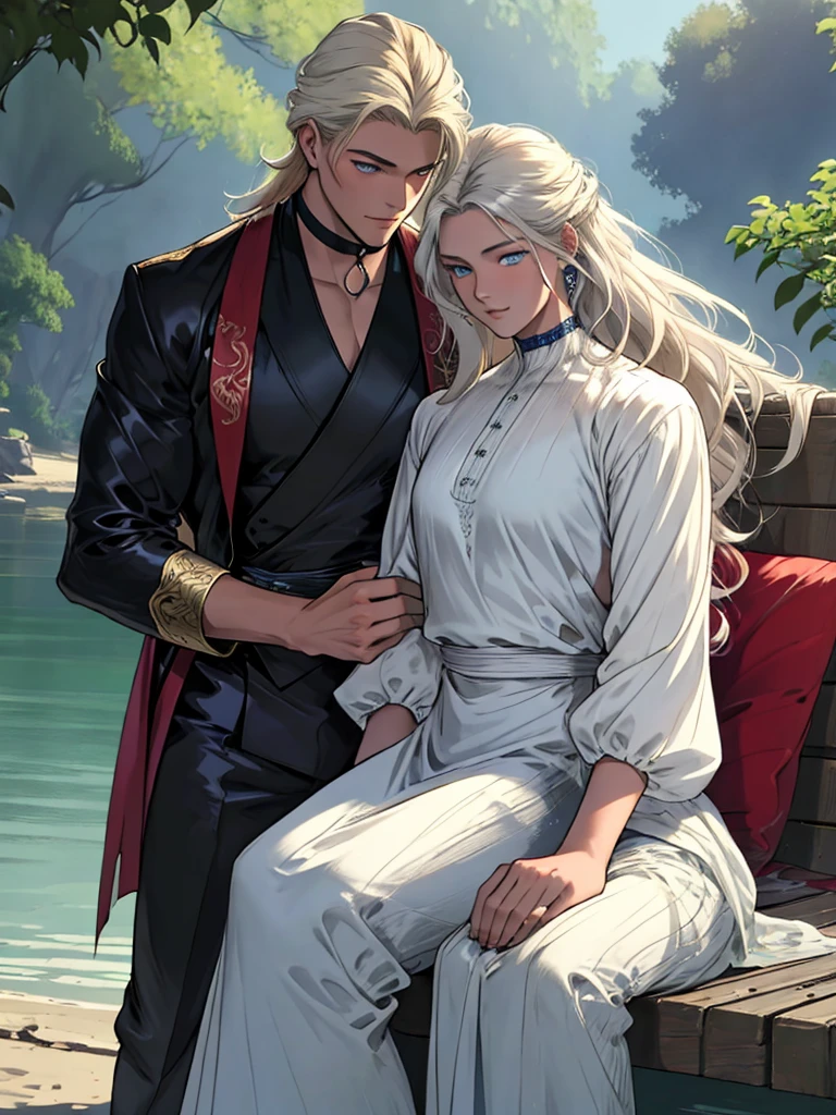 couple 1 man 1 woman. A tall, handsome, statuesque, courageous young man with long platinum hair, blue eyes, tanned skin is sitting on the shore of a lake, he is dressed in an antique white shirt and dark trousers, next to him sits an incredibly beautiful young golden-haired femme fatale with blue eyes, long golden hair, long bangs, dressed in an antique dress. They're in love. Masterpiece, perfect image, realistic pictures, detailed face study, full-length image, 8k, detailed image. extremely detailed illustration, a real masterpiece of the highest quality, with careful drawing. amateur men