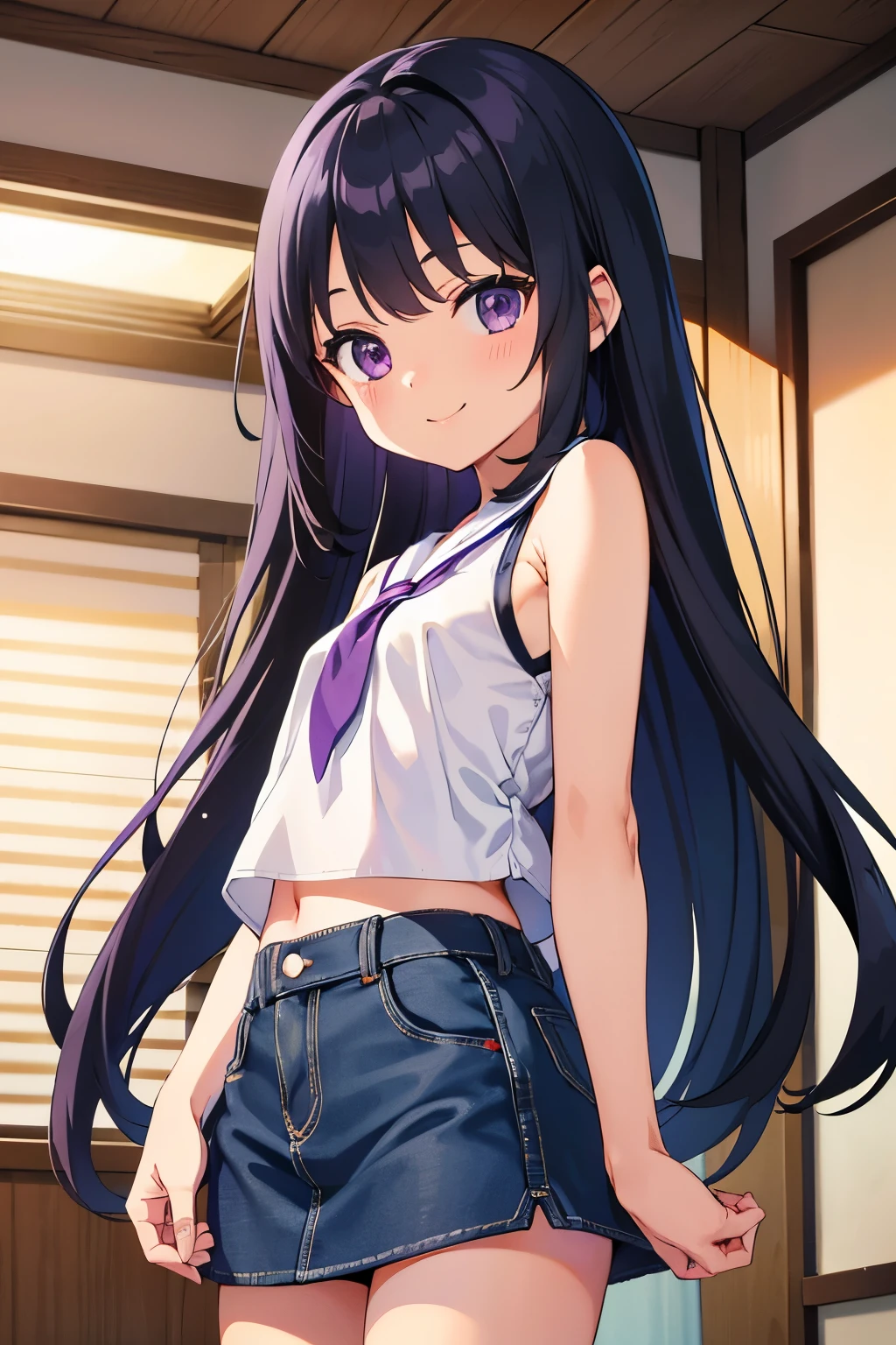 Elementary school girl 8age Flat chest 5Head to Body Black Hair long hair Purple eyes smile Upper body white sleeveless Navy blue denim mini skirt White panties ((I can see her panties)) barefoot Standing in a room with tatami mats Dynamic Angle Low - Angle