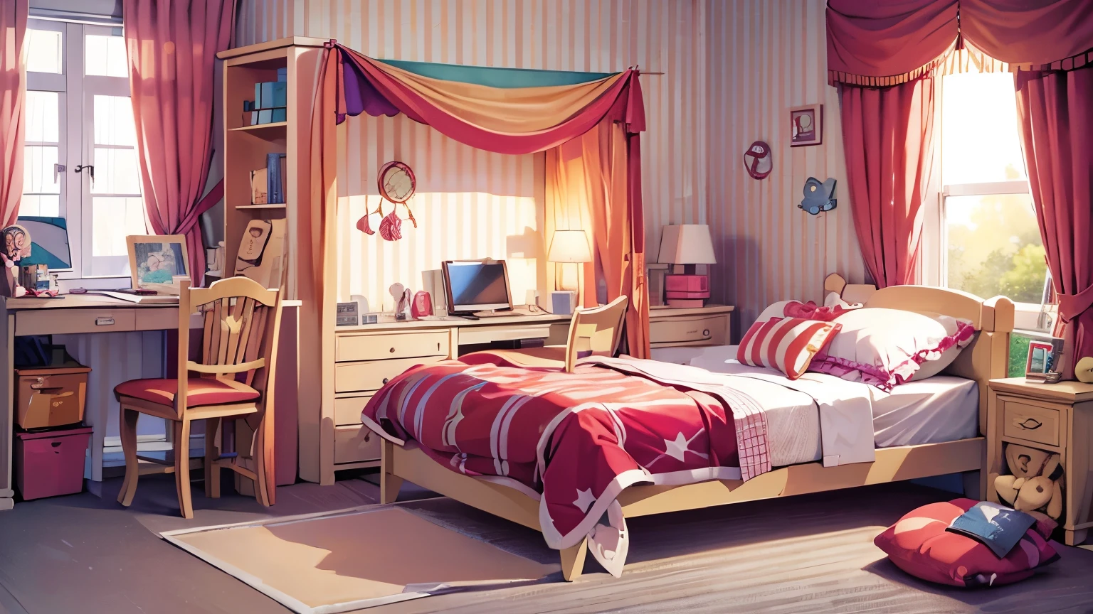 (circus), room, bed, pillow, stuffed animal, computer, circus, room, bed, pillow, stuffed animal, computer