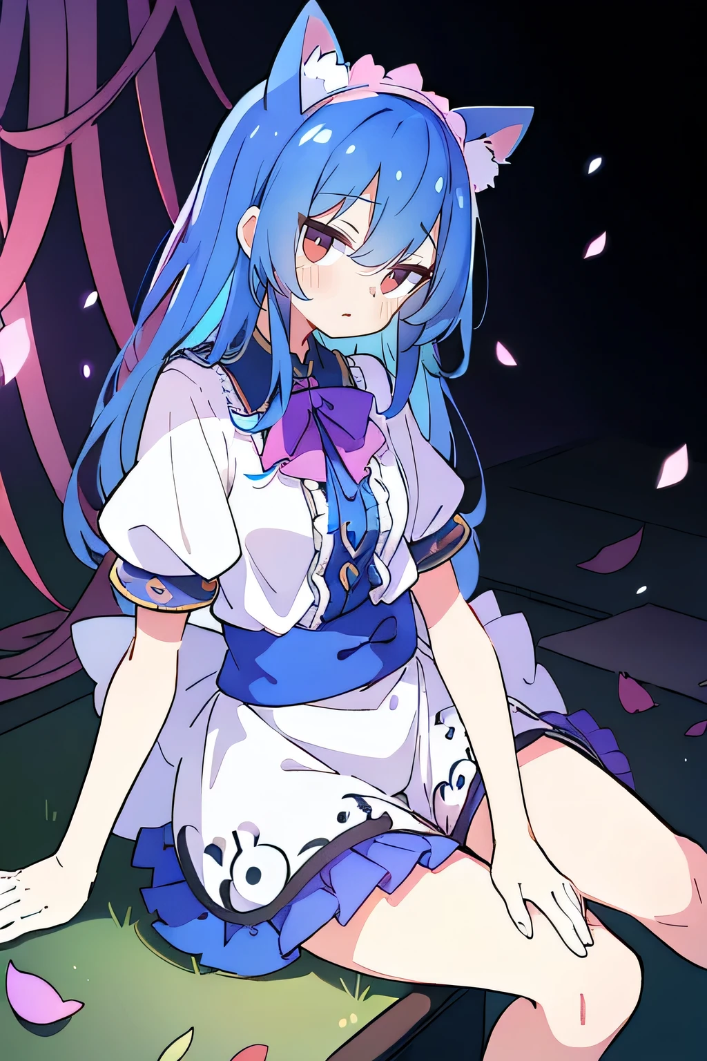 (masterpiece:1.2),ultra-detailed,realistic,expressive eyes,fair-skinned,perfectly shaped face,1girl,
Japanese cartoons,Gorgeous blue hair, flowing blue hair,floating clothes,cat ears,petals falling,beautiful Lola,Hina Angel,
hands on waist,gracefully sitting on the ground,legs crossed,gentle and serene background,cool and comfortable pavilion,night ,