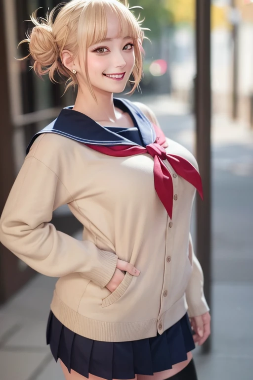 kujikawadef,twintails,,black serafuku,long sleeves,skirt,thighhighs,jewelry,earrings,standing,
best quality, highly detailed, masterpiece, absurdres,8k,   photorealistic, realistic,detailed skin texture,detailed pupils,HDR,natural lighting,
1girl,solo,(happy:1.1),(smile:1.2),shorthair,brown hair,(angular face:1.2),shiny face,large breasts, narrow waist, lip makeup,