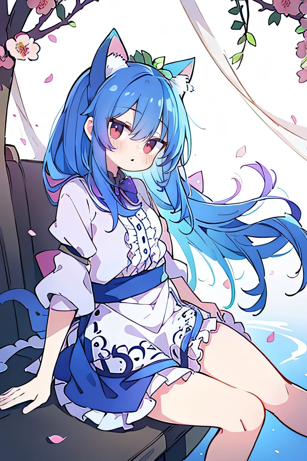 (masterpiece:1.2),ultra-detailed,realistic,expressive eyes,fair-skinned,perfectly shaped face,1girl,
Japanese cartoons,Gorgeous blue hair, flowing blue hair,floating clothes,cat ears,petals falling,beautiful Lola,Hina Angel,
hands on waist,gracefully sitting on the ground,legs crossed,gentle and serene background,cool and comfortable pavilion,night ,