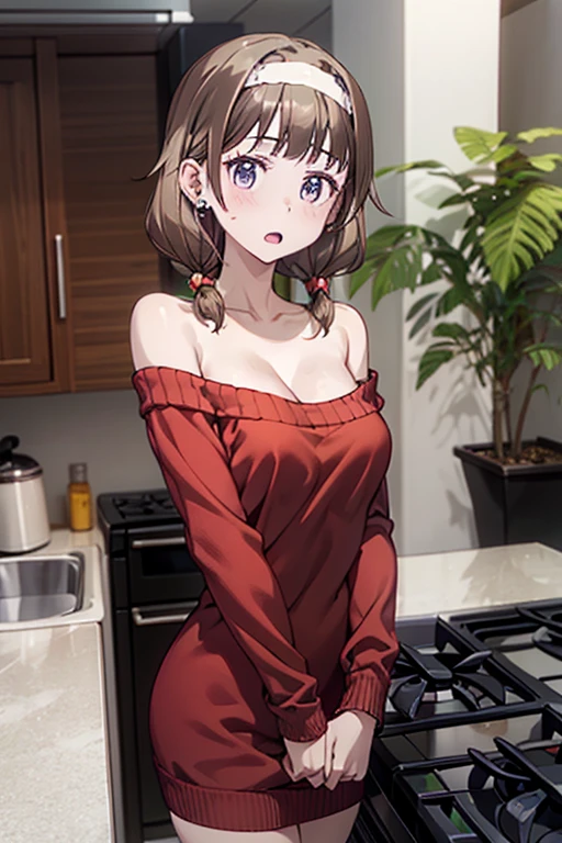 masterpiece, yor, 1girl, Amazing Cleavage:1.3, thin waist, big ass, Raised sexy, medium breast: 1.8 posed cleavage:1.2、solo, looking at viewer, open mouth, have a cup of coffee,black hair, red eyes, dress, bare shoulders, jewelry, collarbone, sidelocks, hairband, earrings, indoors, off shoulder, :o, sweater, arms behind back, plant, short hair with long locks, white hairband, off-shoulder dress, sweater dress, off-shoulder sweater, red sweater, big side hair, very long side hair,is rendered in (masterpiece: 1.2, best quality), with (ultra high resolution) and an exquisite (depth of field). This masterpiece is not only visually stunning but also tells, make of pasta cooking ,in the kitchen