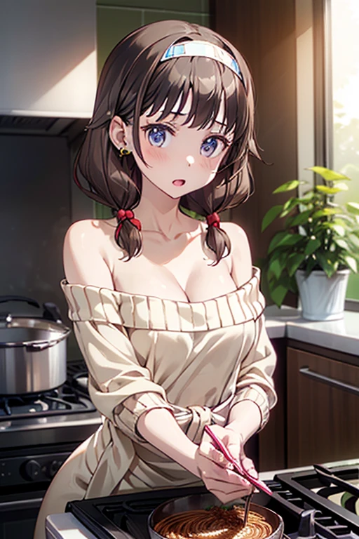 masterpiece, yor, 1girl, Amazing Cleavage:1.3, thin waist, big ass, Raised sexy, medium breast: 1.8 posed cleavage:1.2、solo, looking at viewer, open mouth, have a cup of coffee,black hair, red eyes, dress, bare shoulders, jewelry, collarbone, sidelocks, hairband, earrings, indoors, off shoulder, :o, sweater, arms behind back, plant, short hair with long locks, white hairband, off-shoulder dress, sweater dress, off-shoulder sweater, red sweater, big side hair, very long side hair,is rendered in (masterpiece: 1.2, best quality), with (ultra high resolution) and an exquisite (depth of field). This masterpiece is not only visually stunning but also tells, make of pasta cooking ,in the kitchen