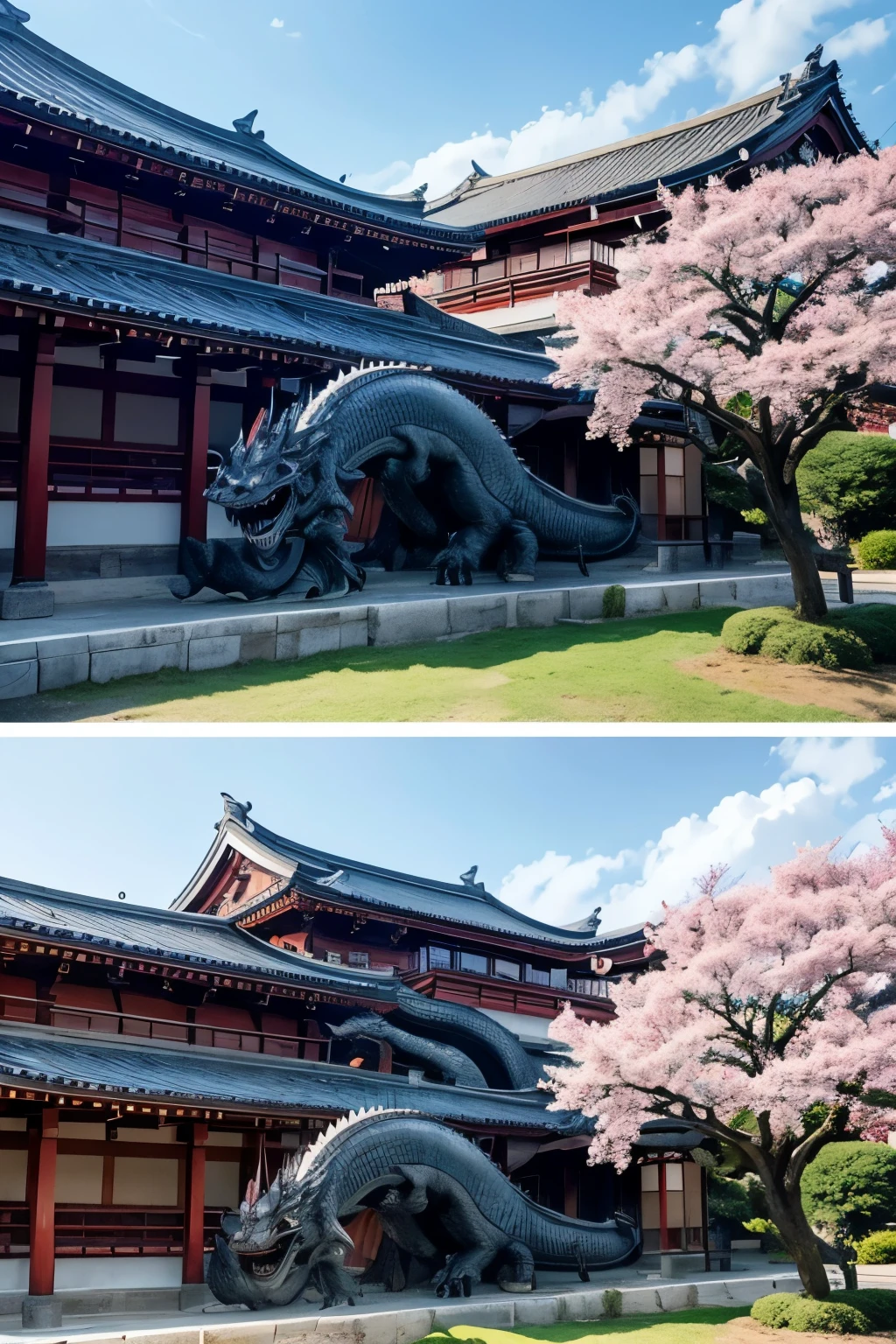 Japan archaic A dragon destroying a building Dragon is grey and black Make the dragon more realistic Adding a cherry tree to the landscape