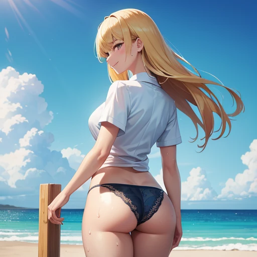 (highest quality,4K,8k,High resolution,masterpiece:1.2),Very detailed, Realistic, photo-Realistic,A woman with good looks,Asian Woman,three woman:1.3,stand in a line,cute,cute eyes, stylish female body,baby face, break, large white colored shirt:1.3, break, blue colord small panties:1.5, lace, break, long hair, blonde hair,various colored hair, back view, Focus on the buttocks, sandy beach , smile, ((sweaty skin))