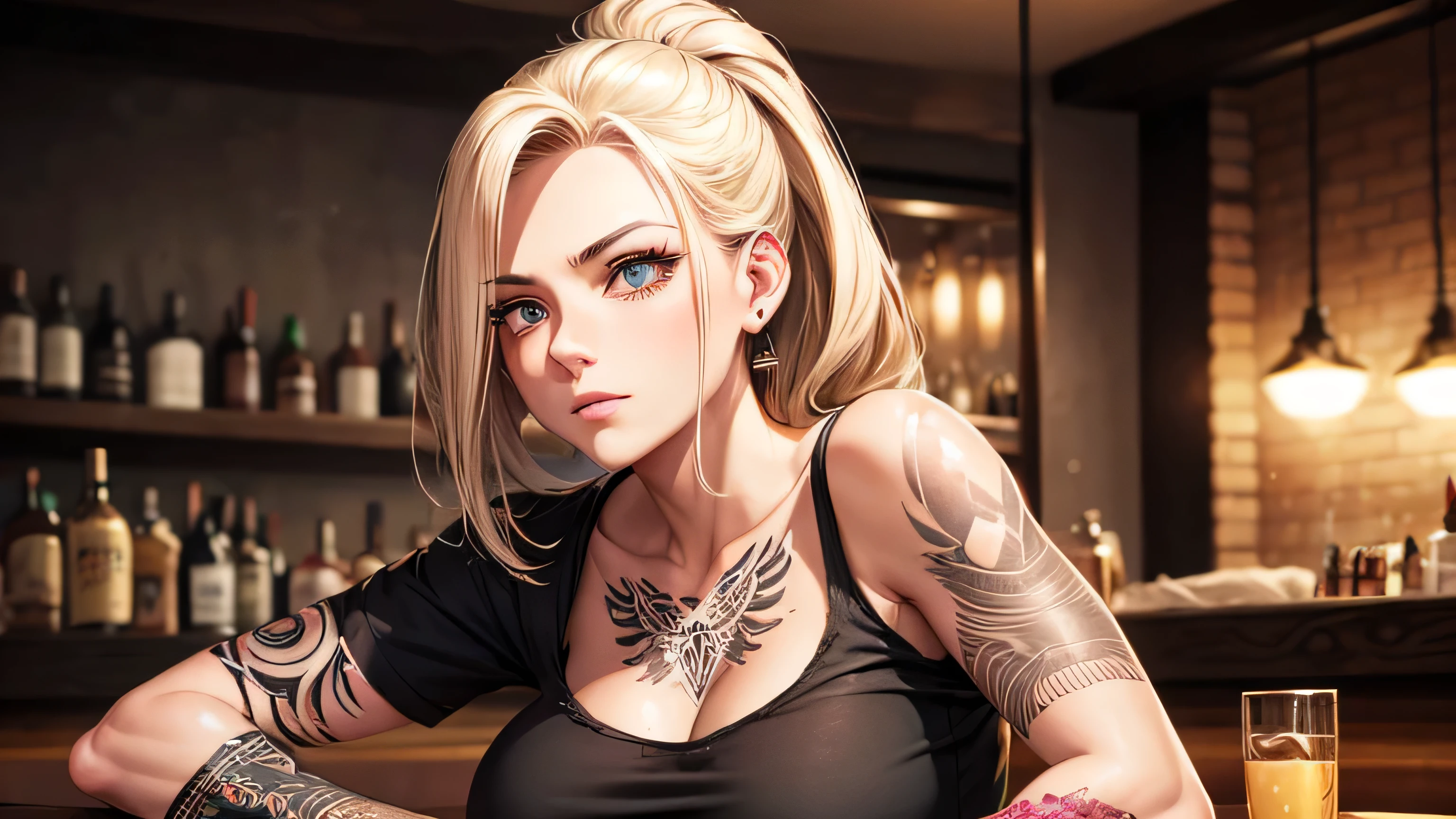 40s One woman Black short-sleeved T-shirt, tattoo, beautiful blonde Long Hair up A worn-out bar Bourbon Perfect and detailed facial expression Perfect and detailed eye depiction Perfect and detailed hair Perfectly detailed upper body Perfect and detailed breast depiction
