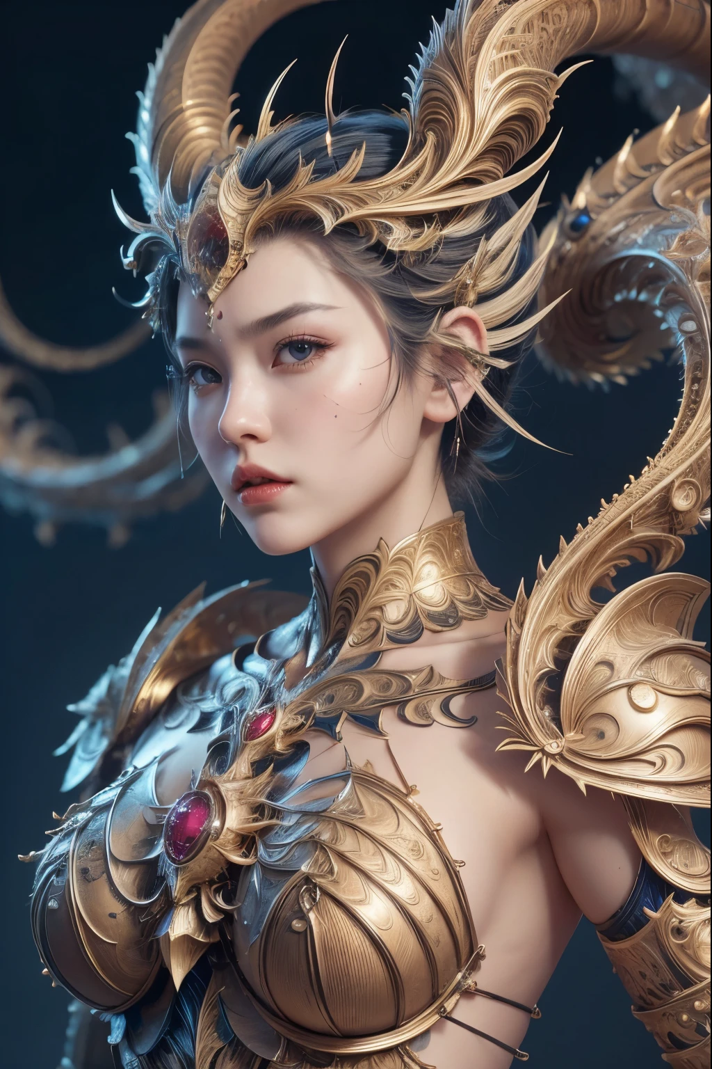 beautiful japanese young woman, wearing cyborg armor, thick symmetrical features, very short hair, background is cherry blossoms, pink aura, red lips, octane render,showing more skin,wearing bikini