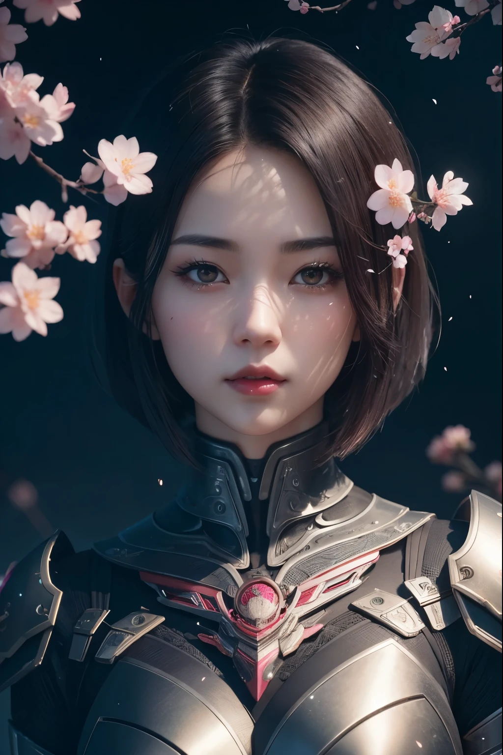 beautiful japanese young woman, wearing cyborg armor, thick symmetrical features, very short hair, background is cherry blossoms in night, pink aura, red lips, octane render,dark themes