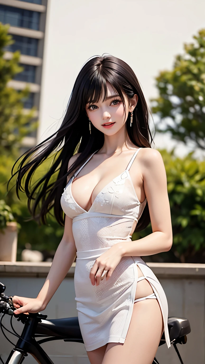 （Very delicate and beautiful：1.2）Supermodel,,Big Breasts,Beautiful breasts,Tight waist、Small Ass、Sensual,【Bike Shorts】,,【Three Girls】,,highest quality, High resolution, 8k,, Sharp details, White floral dress, 21 years old、smile、Slim figure、Black Hair、Long Hair、bangs
