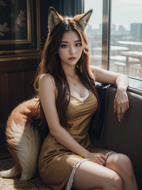 ((highest quality, 32k)), ((masterpiece)), (Get used to it), Perfect Face, Fox Girl, Beautiful woman, public, Has a tail, She has a fox&#39;s tail, She wags her fluffy tail, smile, collar, She wears a business suit, Beautiful hip line, His tail is sticking out from his business suit, Large Breasts, Big Ass