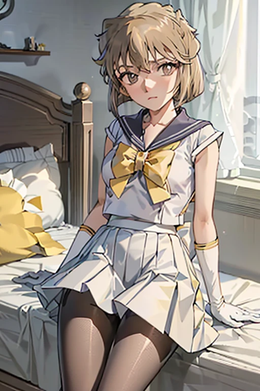 Tabletop, highest quality, One Girl, (The grey plains lament),Yellow Hair, (Iris:1.2),((Sailor Warriorini skirt))、((Embarrassed expression))、((Bedroom))、((Picture below))、((pantyhose))、((short hair))、((White long gloves))、