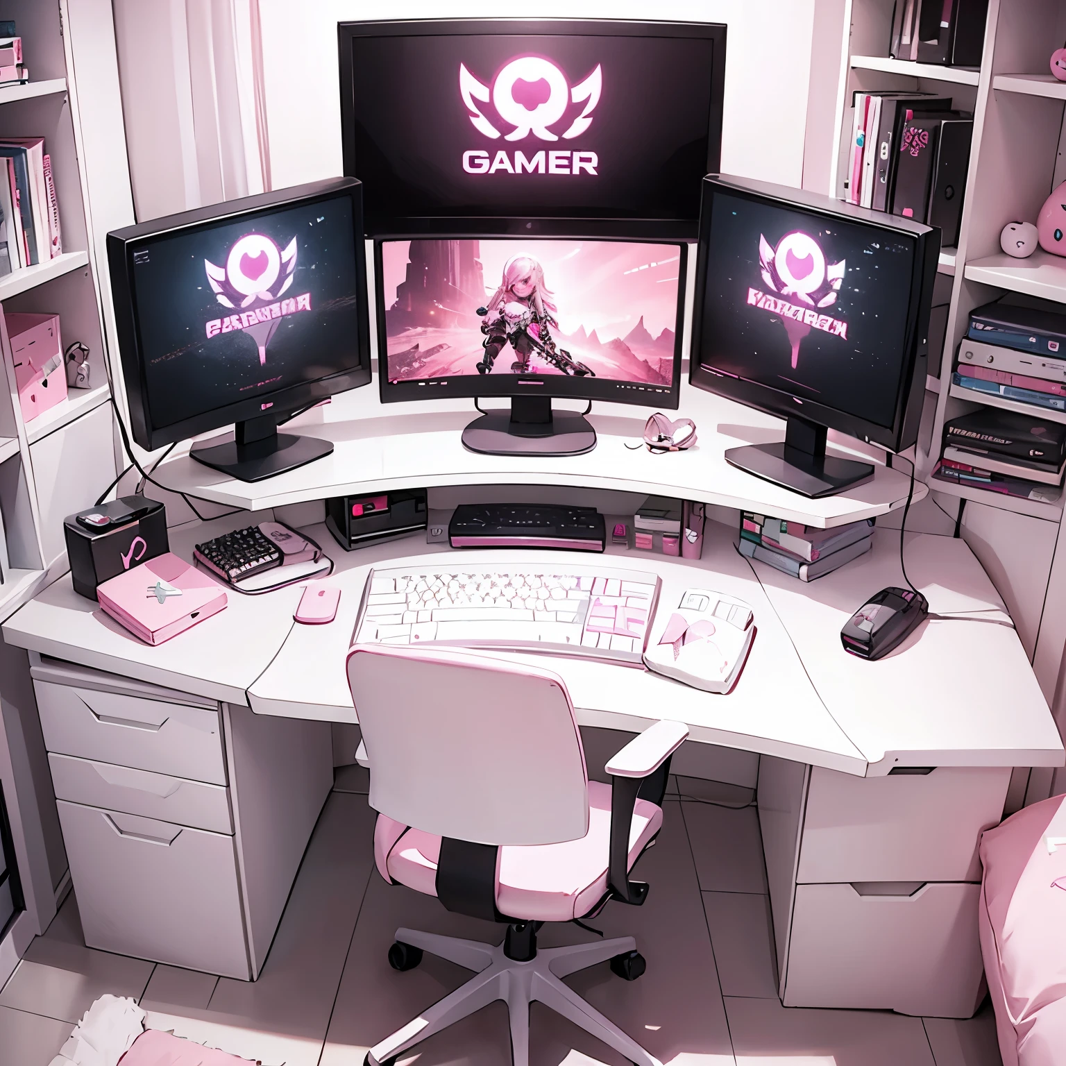 Gamer girl room　pink　white　computer　desk　landscape　Stylish