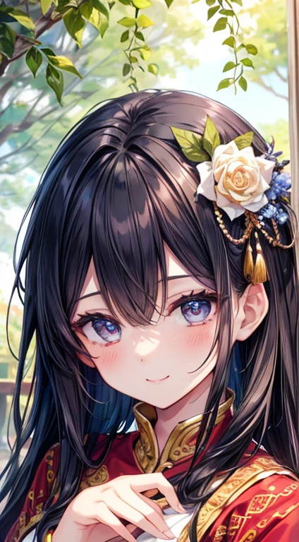 masterpiece、High resolution、最high quality、Ultra-detailed、Detailed face、(Detailed eyes)、 pretty girl、Bhutanese royal dress,smile,high quality,Beautiful fingers,Beautiful Hands,Point first,Beautiful Nature