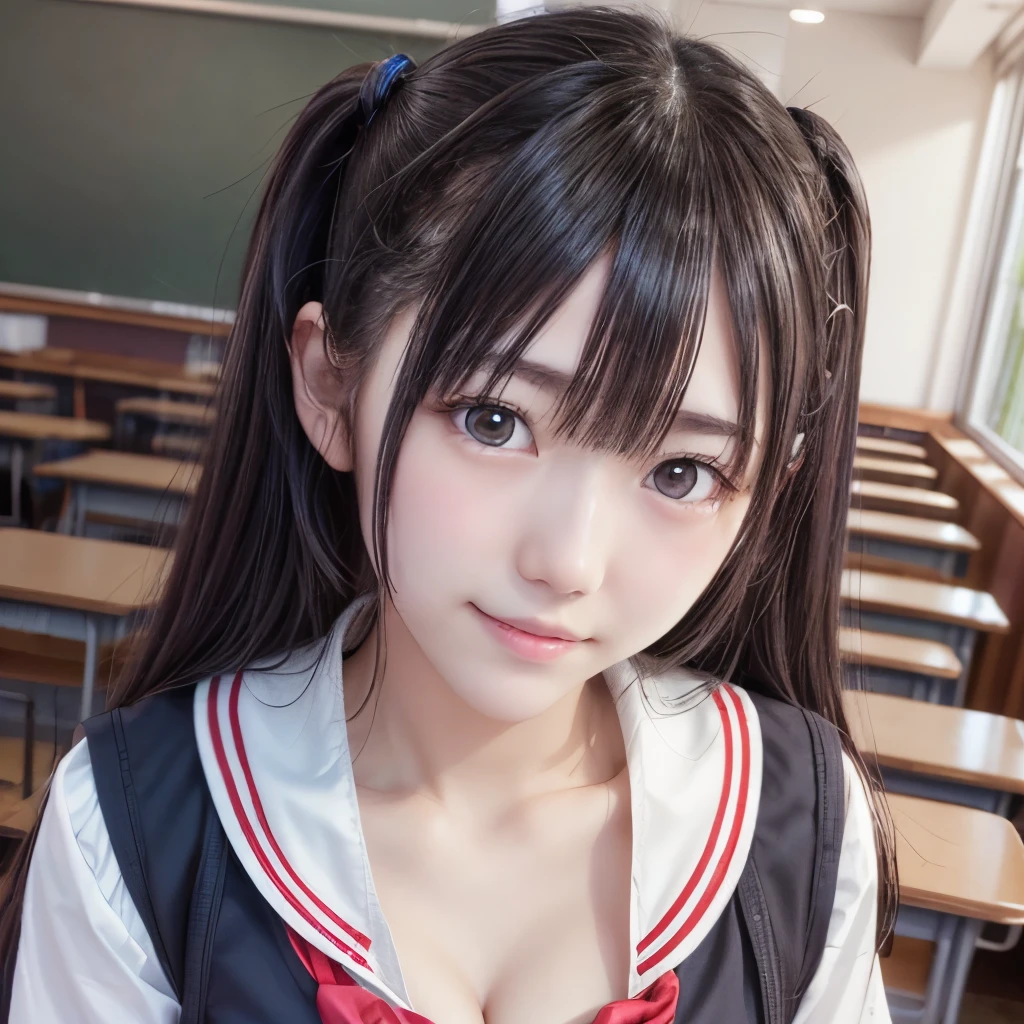 1 girl, So cute, Great face and eyes, (Beautiful lovely smile), (Very detailedな美しい顔), Bright and shiny lips, Keep staring at me, so beautiful, (school uniform:1.3),Sailor suit、 Open chest、Cleavage、Big Breasts、(highest quality:1.4), (super high quality), (Very detailed), (Surreal, Photorealistic:1.37), Real skin texture, 8K wallpapers incorporating highly detailed CG, RAW Photos, Professional photos, Cinema Lighting,School classroom