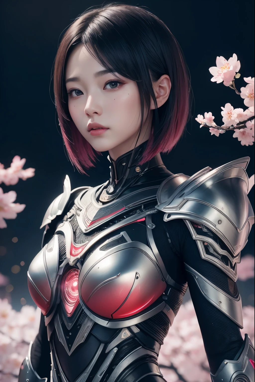 beautiful japanese young woman, wearing cyborg armor, thick symmetrical features, very short hair, background is cherry blossoms in night, pink aura, red lips, octane render,dark themes