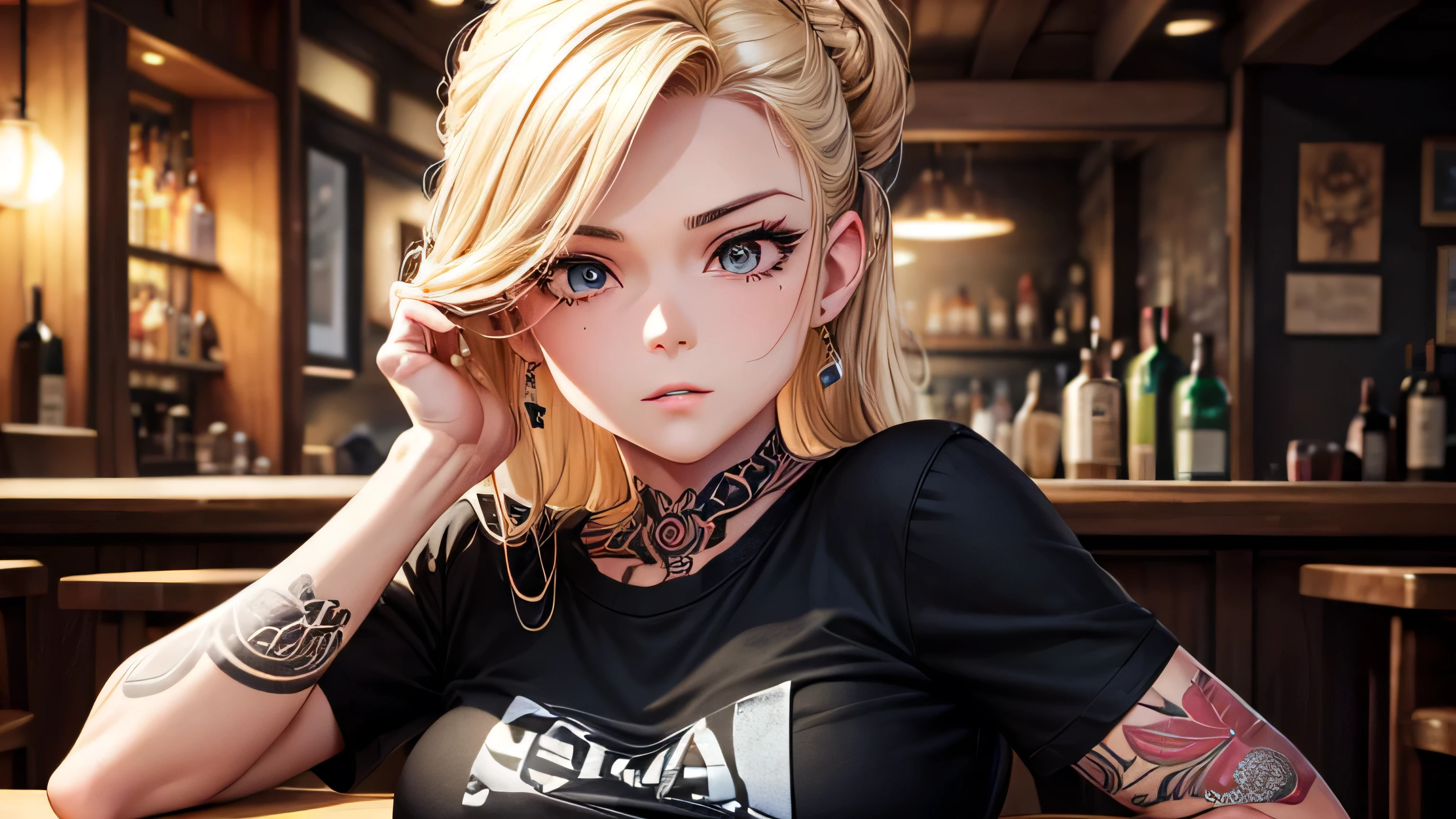 40s One woman Black short-sleeved T-shirt, tattoo, beautiful blonde Long Hair up A worn-out bar Bourbon Perfect and detailed facial expression Perfect and detailed eye depiction Perfect and detailed hair Perfectly detailed upper body Perfect and detailed breast depiction