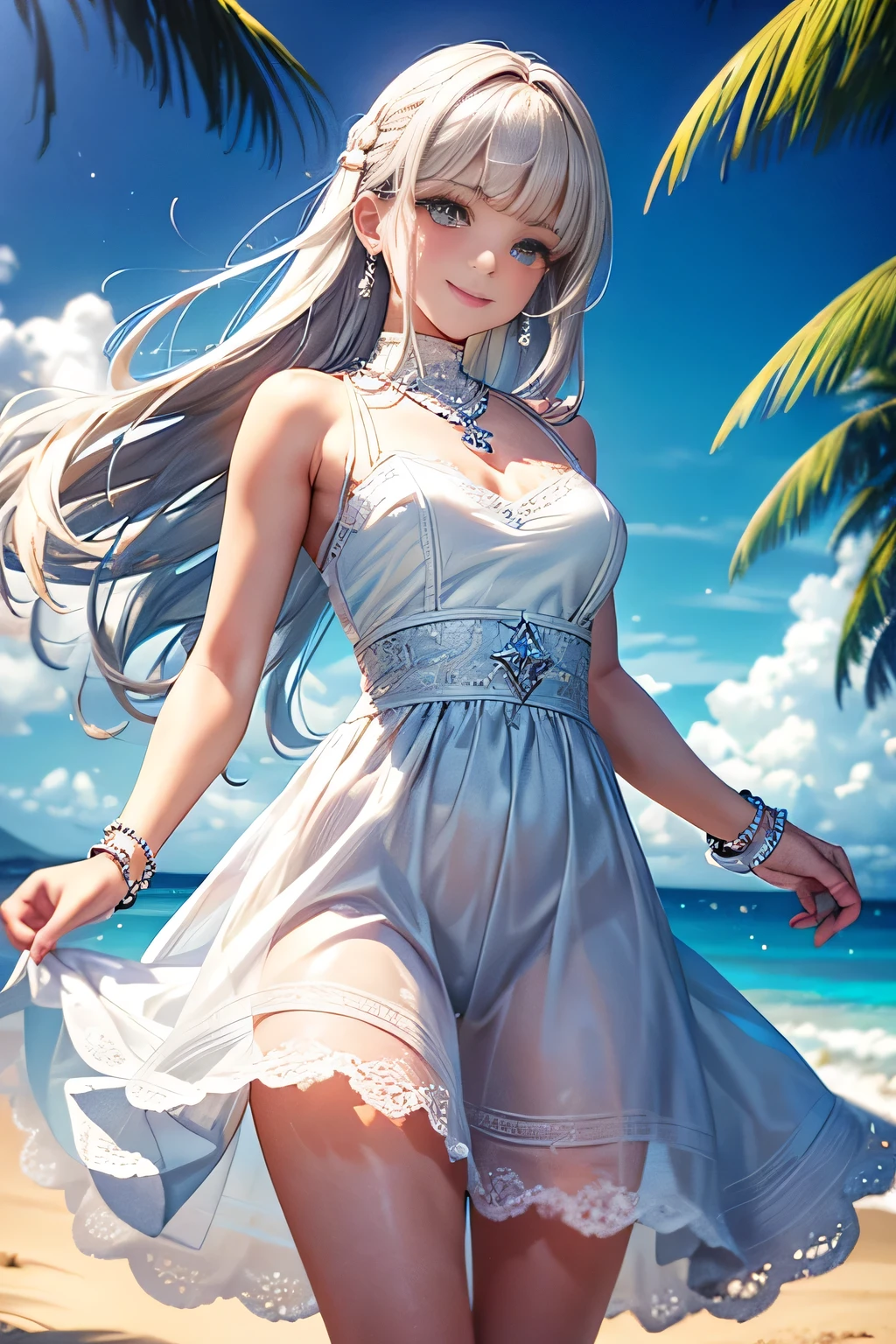 ((white shirt, white beautiful skirt)),low angle,from below,((masterpiece, highest resolution,best quality)),((1girl,cute,young,semi long beautiful siver blonde hair,blunt bangs,beautiful eyes)),(solo),(walking around the beach),innocent smile, white over-kneehighs,Lace chalker, wristband, fingerless gloves, over-kneehighs,
Lace chalker, diamond necklace,wristband, fingerless gloves, earrings, very windy,cinematic lighting, beach, sand, blue sky, waves, coconut tree,(looking at the viewer),innocent smile,cinematic lighting and pause,