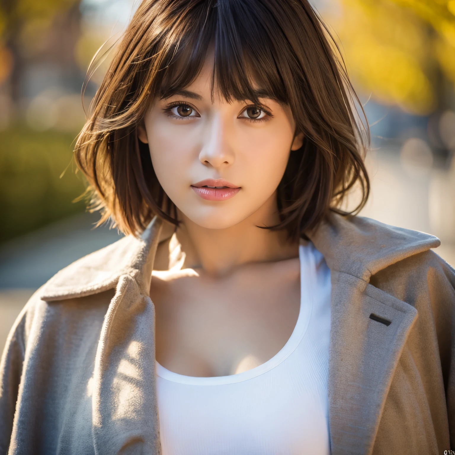 T-Shirts, coat, , (Realistic:1.4), (highest quality:1.0), (Ultra-high resolution:1.0), 8k, RAW Photos, (masterpiece:0.2), , Did G, One girl, Detailed skin, View your viewers, Brown eyes, (Short hair with bangs:1.2), (Large Breasts:1.0), (Large areola:0.8), , (Purelos Face_v1:0.5)