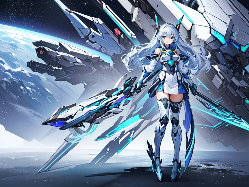 (((highest quality))), (((so beautiful))), (((Very detailed))), (((Best illustrations))), girl,(((blue Mecha girl))),weapon,(in space),Silver Hair,emerald eye,