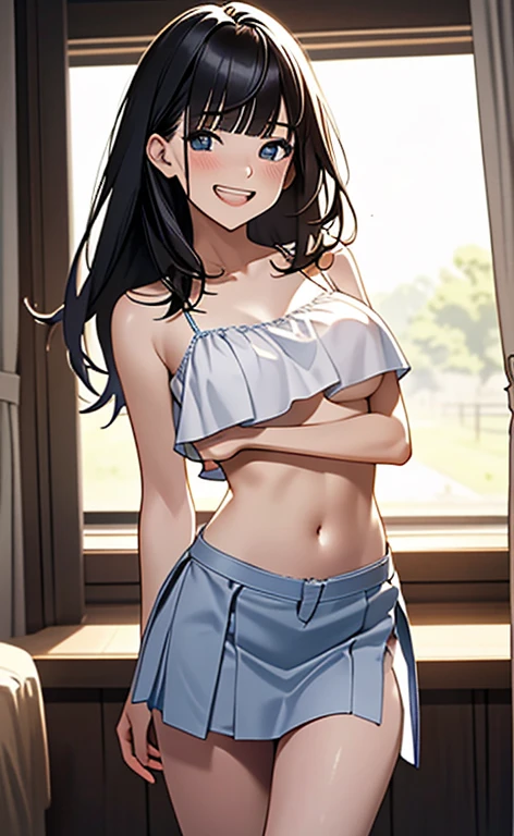 (masterpiece:1.4、top-quality、illustration:1.4,realistic、)、(character focus、breast focus,cowboy shot:1.3)、(1girl),(Open mouth grin:1.3),(half closed eyes),cute face,blue eyes、()、
,(stand:1.4),(Shining smile),
,(slender),(underboob:1.3 white camisole,very short pleated miniskirt:1.3),
(black middle hair:1.6,blunt bangs,),(), (medium breasts:1.3)、
、slender、