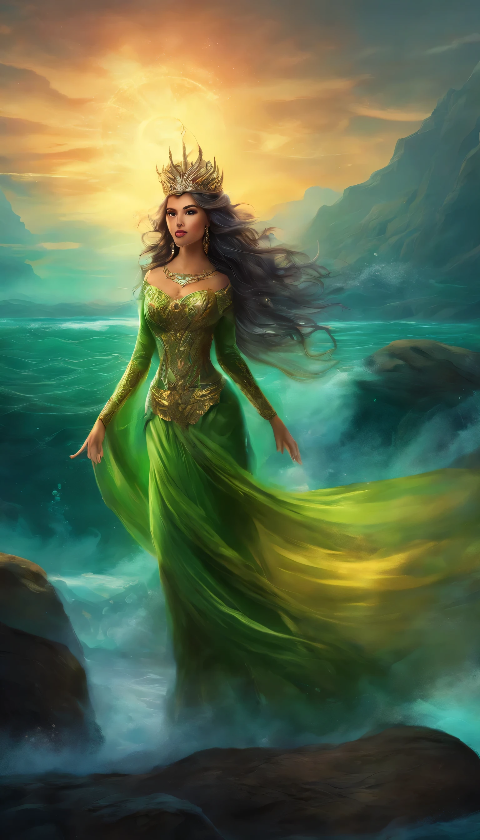 A captivating high-definition illustration showcases the emergence of an evil Malay Queen of the Sea, her body emerging from a towering, frothy wave. She wears a regal tiara atop her long, flowing hair and dons an ancient royal Malay attire, fit for a queen of dark fantasy. Her piercing gaze captivates the viewer as she stands in the midst of low-key, dark cinematic vibes, with an octane render and hyper-detailed sharp focus, all captured in a UHD photo. The scene exudes a dark, mystical ambiance, perfect for a tale of high-stakes adventure. The dress in green color