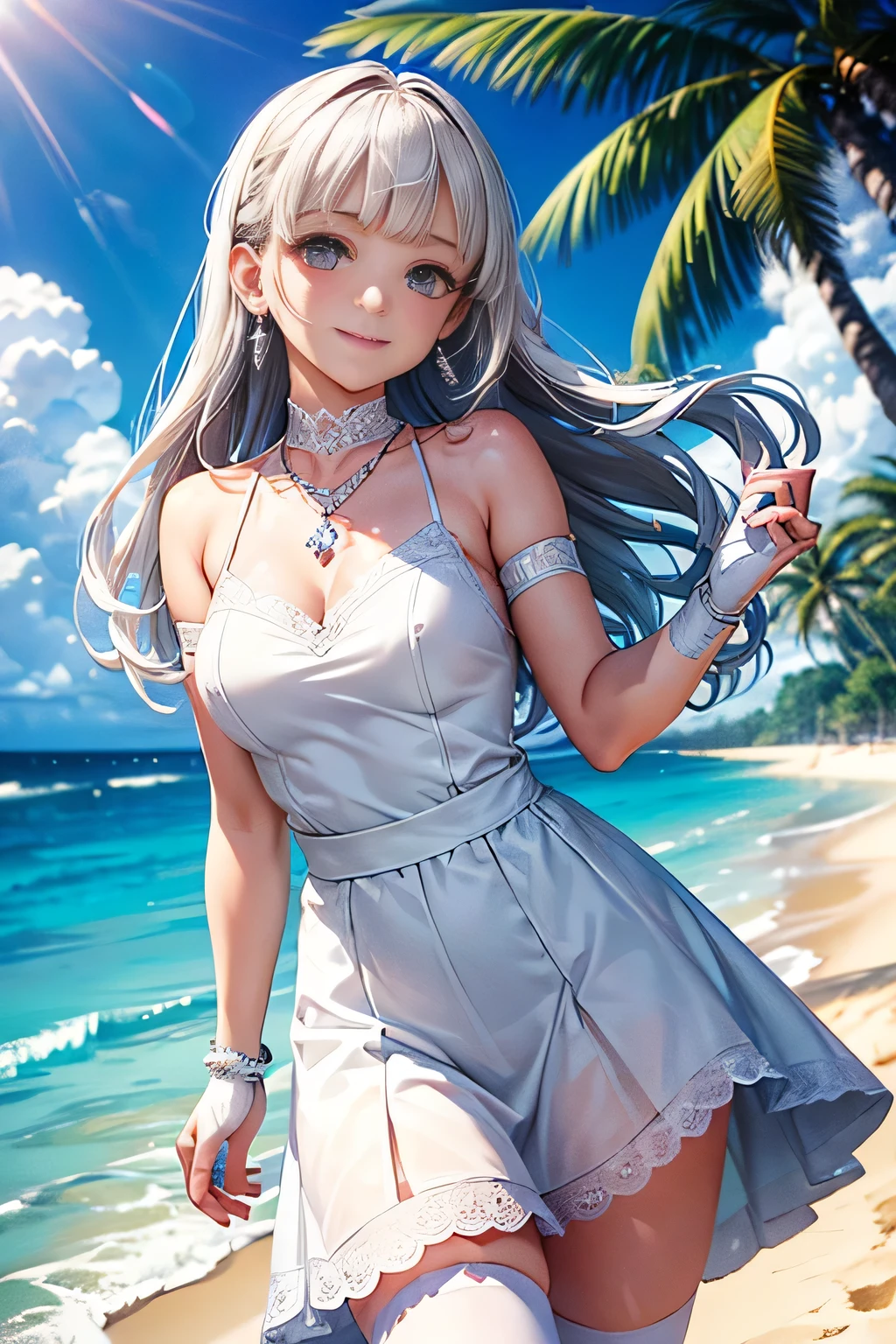 ((white shirt, white beautiful skirt)),low angle,from below,((masterpiece, highest resolution,best quality)),((1girl,cute,young,semi long beautiful siver blonde hair,blunt bangs,beautiful eyes)),(solo),(walking around the beach),innocent smile, white over-kneehighs,Lace chalker, wristband, fingerless gloves, over-kneehighs,
Lace chalker, diamond necklace,wristband, fingerless gloves, earrings, very windy,cinematic lighting, beach, sand, blue sky, waves, coconut tree,(looking at the viewer),innocent smile,cinematic lighting and pause,