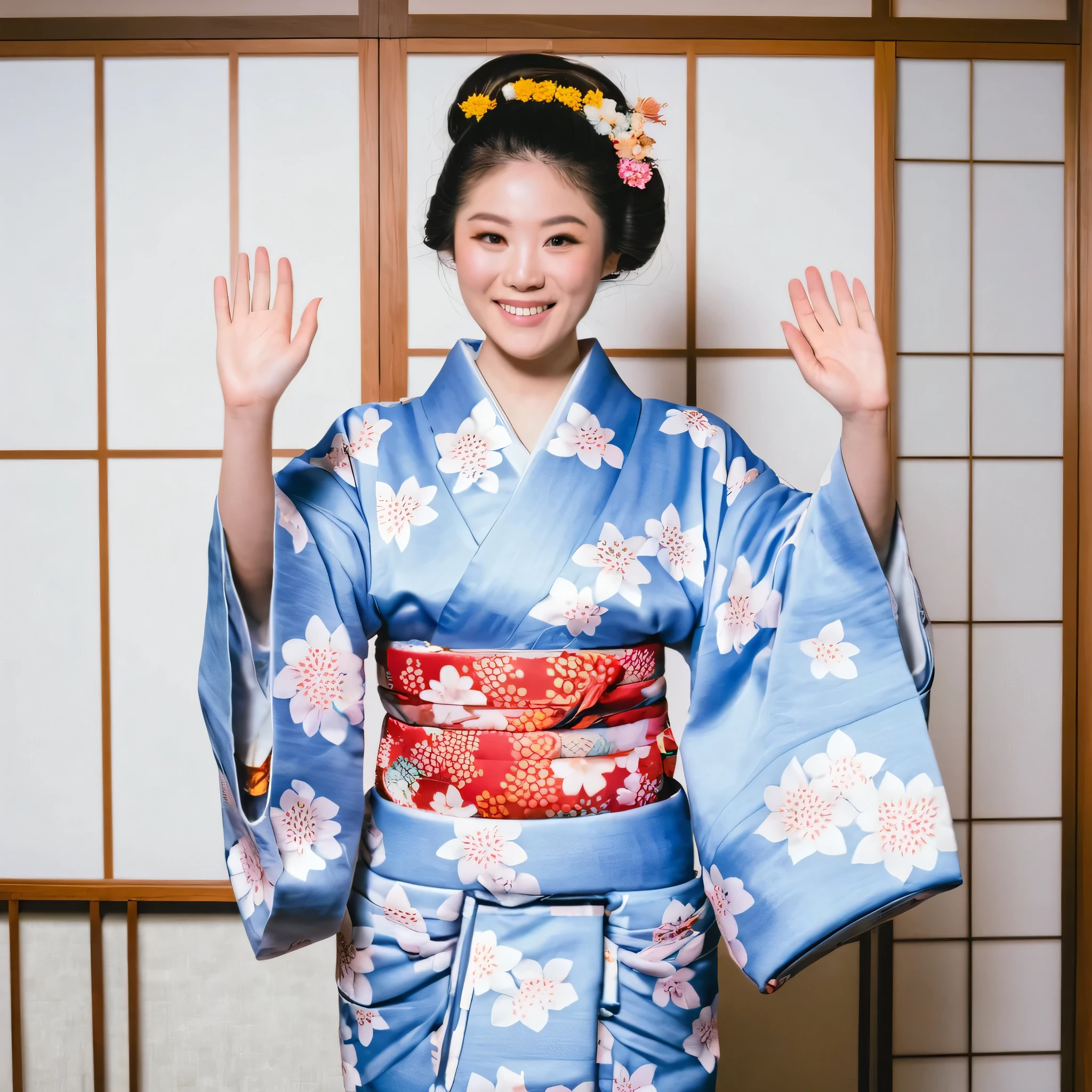 Portrait photo of a person waving goodbye while wearing a kimono