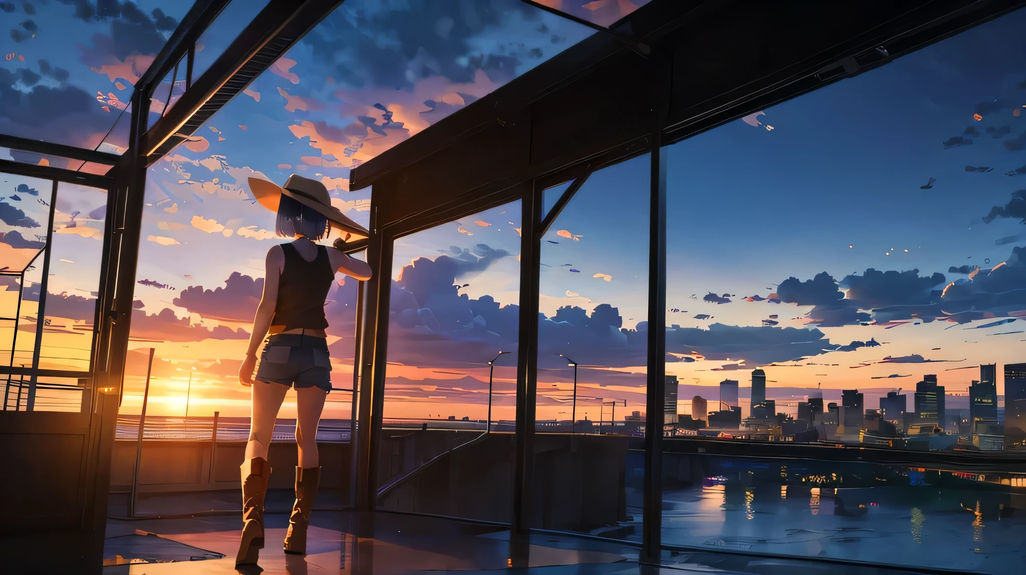 Sunset、Minneapolis Skyway、Girl overlooking the city、((Composition looking down from behind))、((Ultra Wide Angle))、Platinum Blonde Short Bob、Western Hat、Western Boots、Shorts、Sleeveless shirt