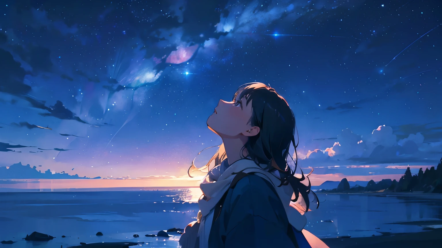 Night Sky　1st star　Emotional　Adult woman looking up at the sky　island
