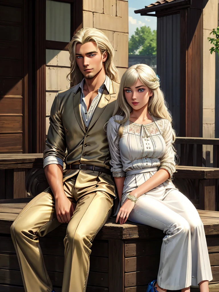 couple 1 man 1 woman. A tall, handsome, statuesque, courageous young man with long platinum hair, blue eyes, tanned skin is Sitting on the dock, he is dressed in an antique white shirt and dark trousers, next to him sits an incredibly beautiful young golden-haired femme fatale with blue eyes, long golden hair, long bangs, dressed in an antique dress. They're in love. Masterpiece, perfect image, realistic pictures, detailed face study, full-length image, 8k, detailed image. extremely detailed illustration, a real masterpiece of the highest quality, with careful drawing. amateur men
