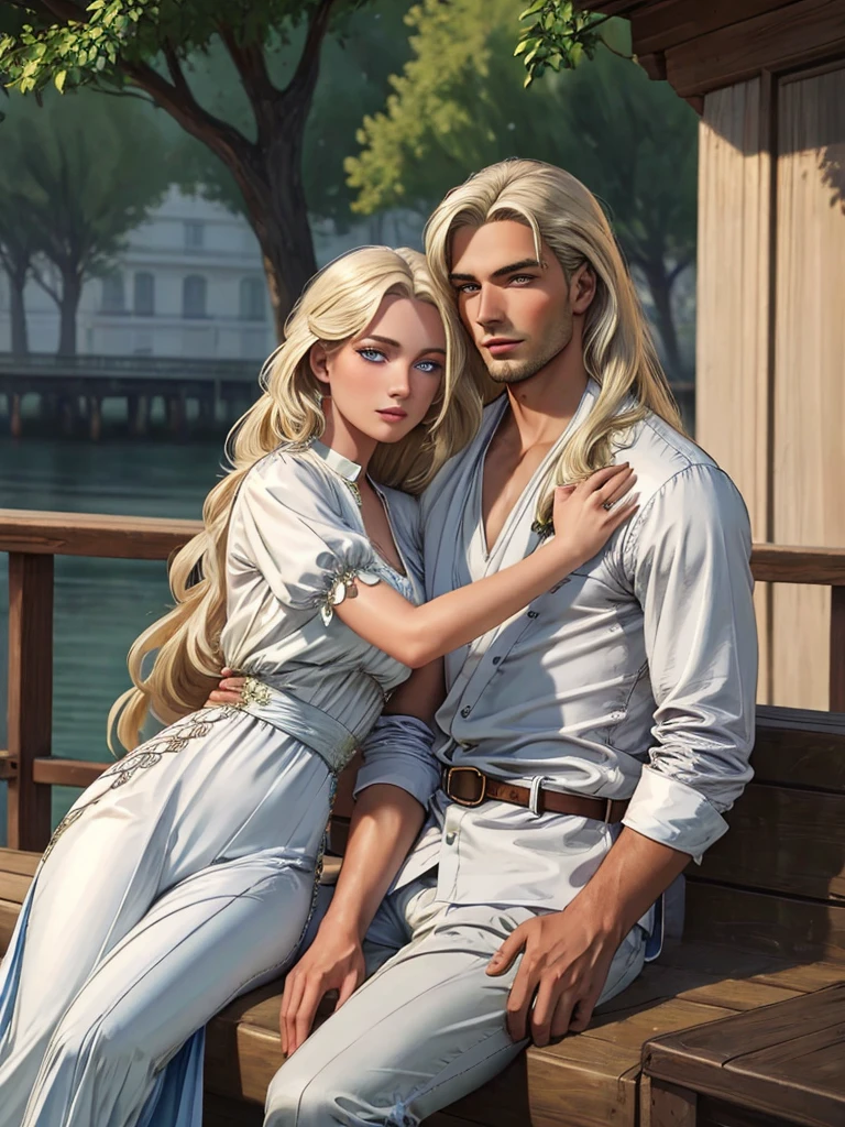 couple 1 man 1 woman. A tall, handsome, statuesque, courageous young man with long platinum hair, blue eyes, tanned skin is Sitting on the dock, he is dressed in an antique white shirt and dark trousers, next to him sits an incredibly beautiful young golden-haired femme fatale with blue eyes, long golden hair, long bangs, dressed in an antique dress. They're in love. Masterpiece, perfect image, realistic pictures, detailed face study, full-length image, 8k, detailed image. extremely detailed illustration, a real masterpiece of the highest quality, with careful drawing. amateur men