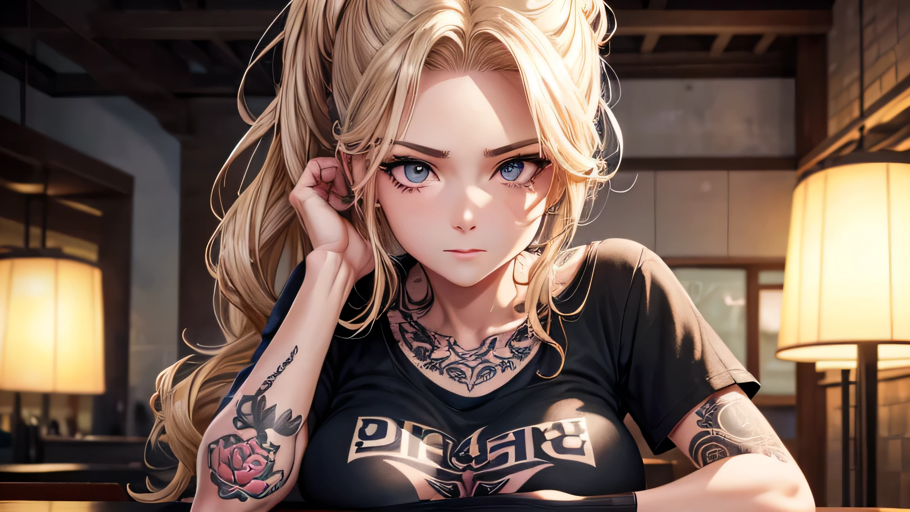 40s　One woman　Black short-sleeved T-shirt, tattoo, beautiful blonde　Long Hair　up　A worn-out bar　Bourbon　Perfect and detailed facial expression　Perfect and detailed eye depiction　Perfect and detailed hair　Perfectly detailed upper body　Perfect and detailed breast depiction
