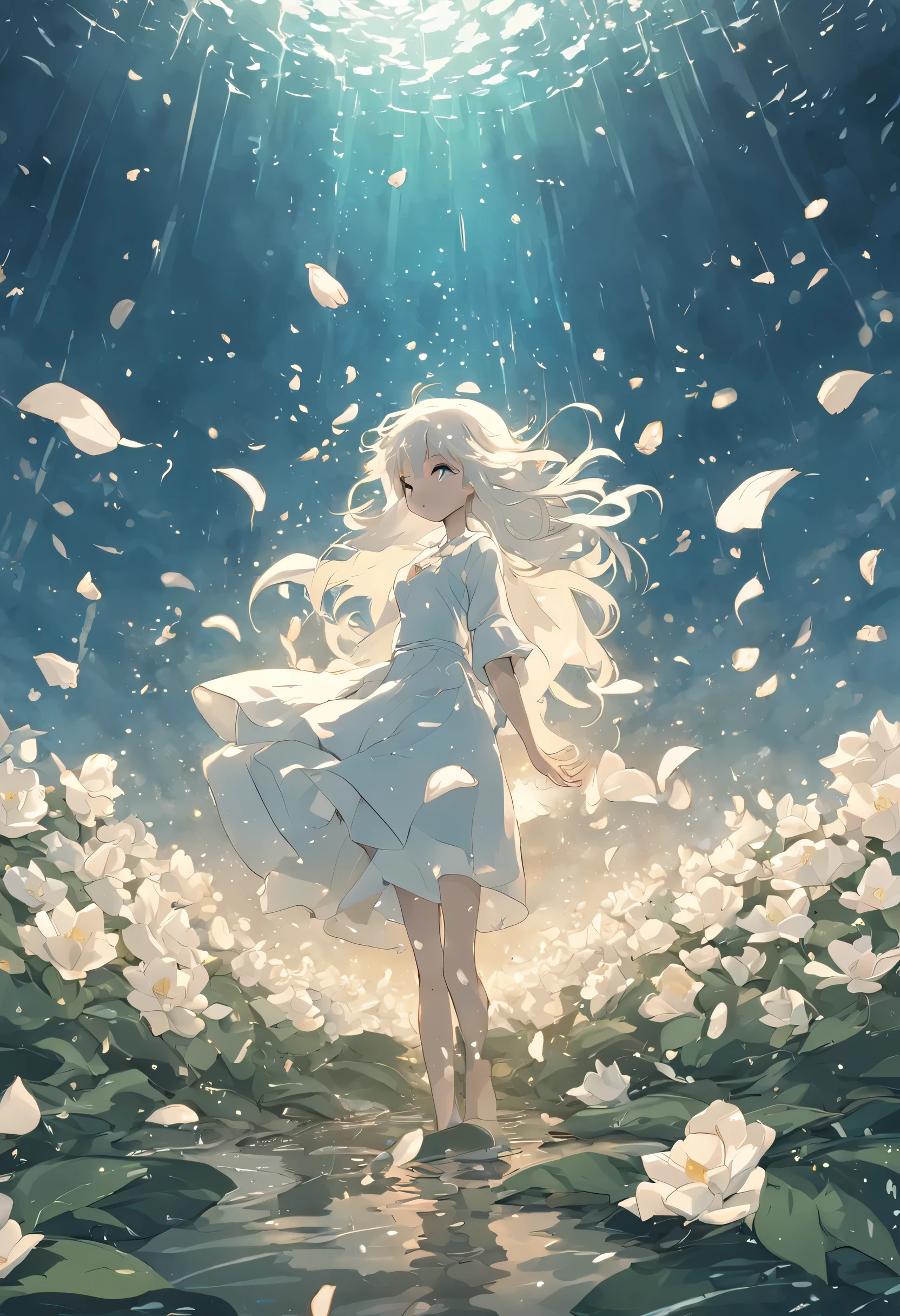 White gardenia petals floating on the sea，Broken petals are scattered on the sea，Rain hits the sea，Gloomy sky