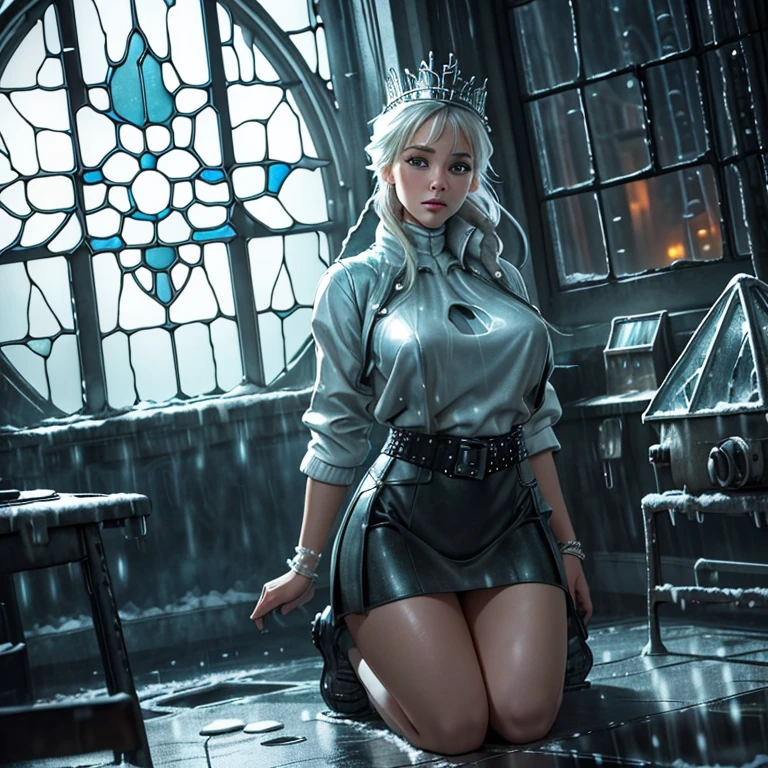 Realistic photography, high quality, The Snow Queen kneeling under the table in a modern office, she is wearing a short skirt and a tight top, thin waist, detailed face, Bright day, thin hips, (acid rain outside a huge window: 1.5), strong wind, magic light, danger