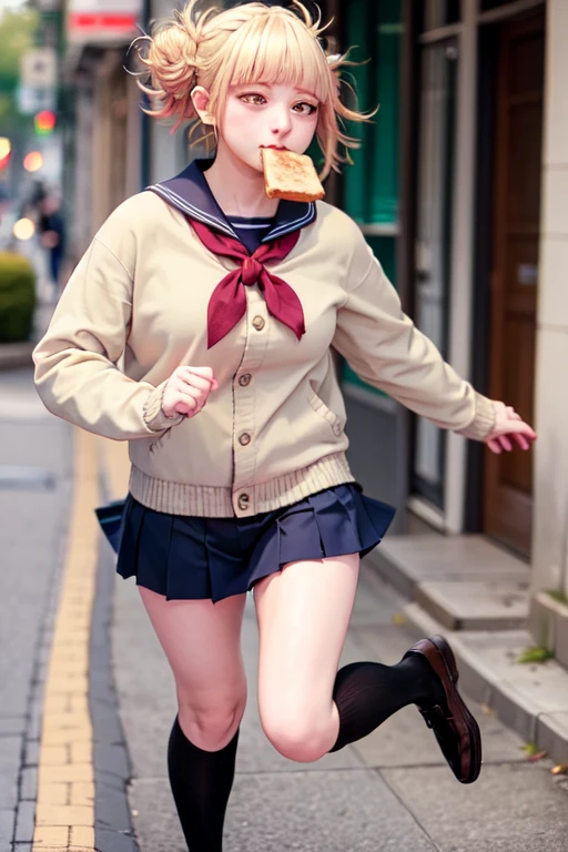 masterpiece, best quality, a girl, serafuku, blue bow, pleated skirt, blue socks, loafers, city street, running, toast in mouth,