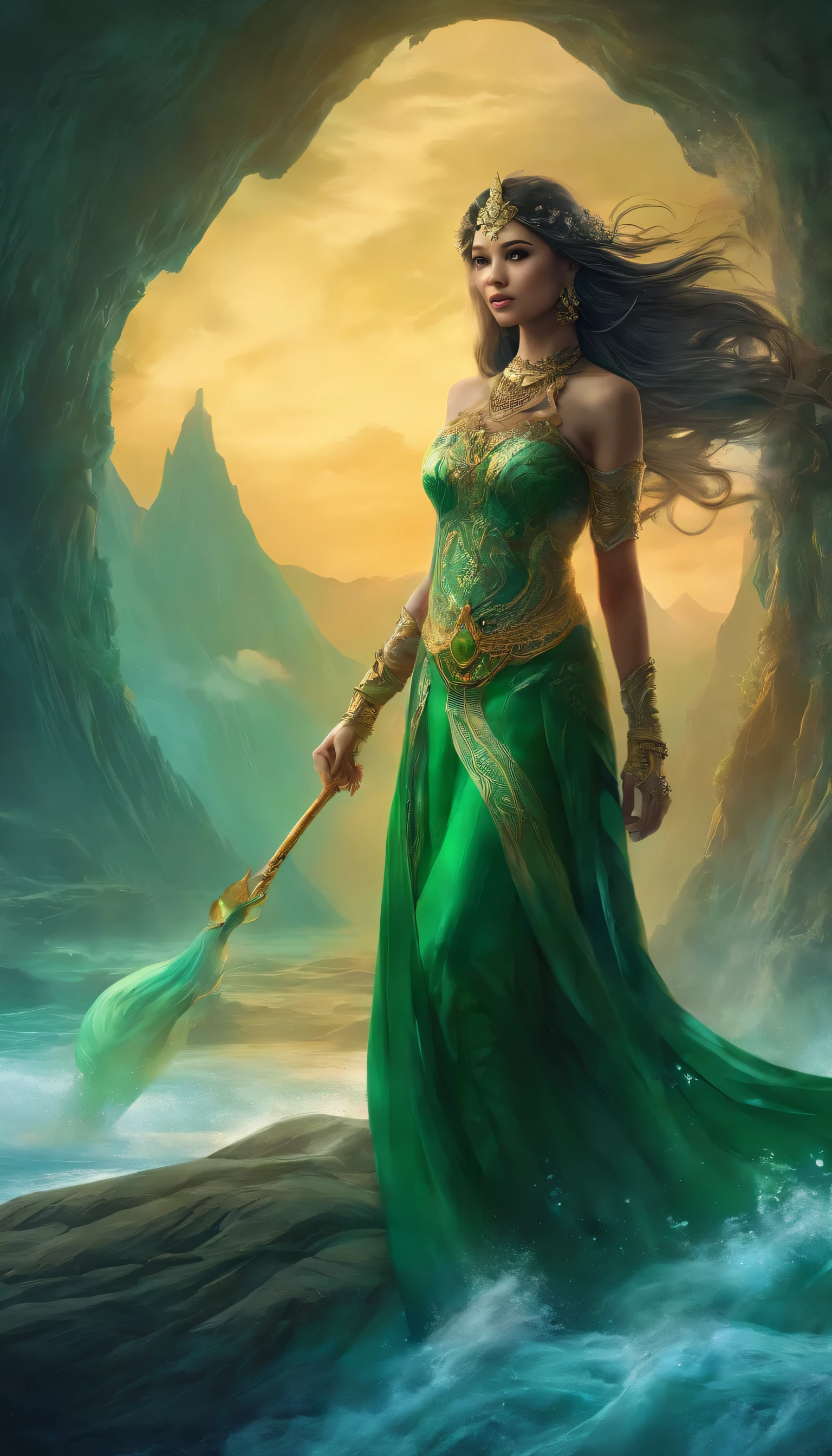 A captivating high-definition illustration showcases the emergence of an evil Malay Queen of the Sea, her body emerging from a towering, frothy wave. She wears a regal tiara atop her long, flowing hair and dons an ancient royal Malay attire, fit for a queen of dark fantasy. Her piercing gaze captivates the viewer as she stands in the midst of low-key, dark cinematic vibes, with an octane render and hyper-detailed sharp focus, all captured in a UHD photo. The scene exudes a dark, mystical ambiance, perfect for a tale of high-stakes adventure. The dress in green color