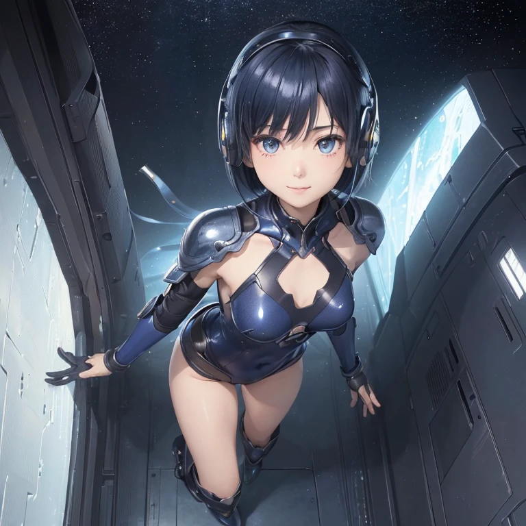 (masterpiece、highest quality、Highest Resolution、Clear_image、Detailed details、Angle from above): (Whole body、One 20 year old girl、Japanese Faces、Small Face、Slender、Navy blue super short bob cut hair、(Hidden small breasts:1.3)、Sparkling blue eyes、Shiny pilot suit in blue and black colors、Chest protection armor、Tight fitting clothes、Clothing that covers the whole body、Glamorous clothes、Tight Fit Pants、Hide your skin、Very delicate and beautiful、Detailed Skin、hide thighs、Hide your ass、Cute、A gentle smile、Soft expression、heroine、headset、Knee-high boots、Elbow-length gloves、Eye Level Shot、Face directly、Woman on a spaceship)