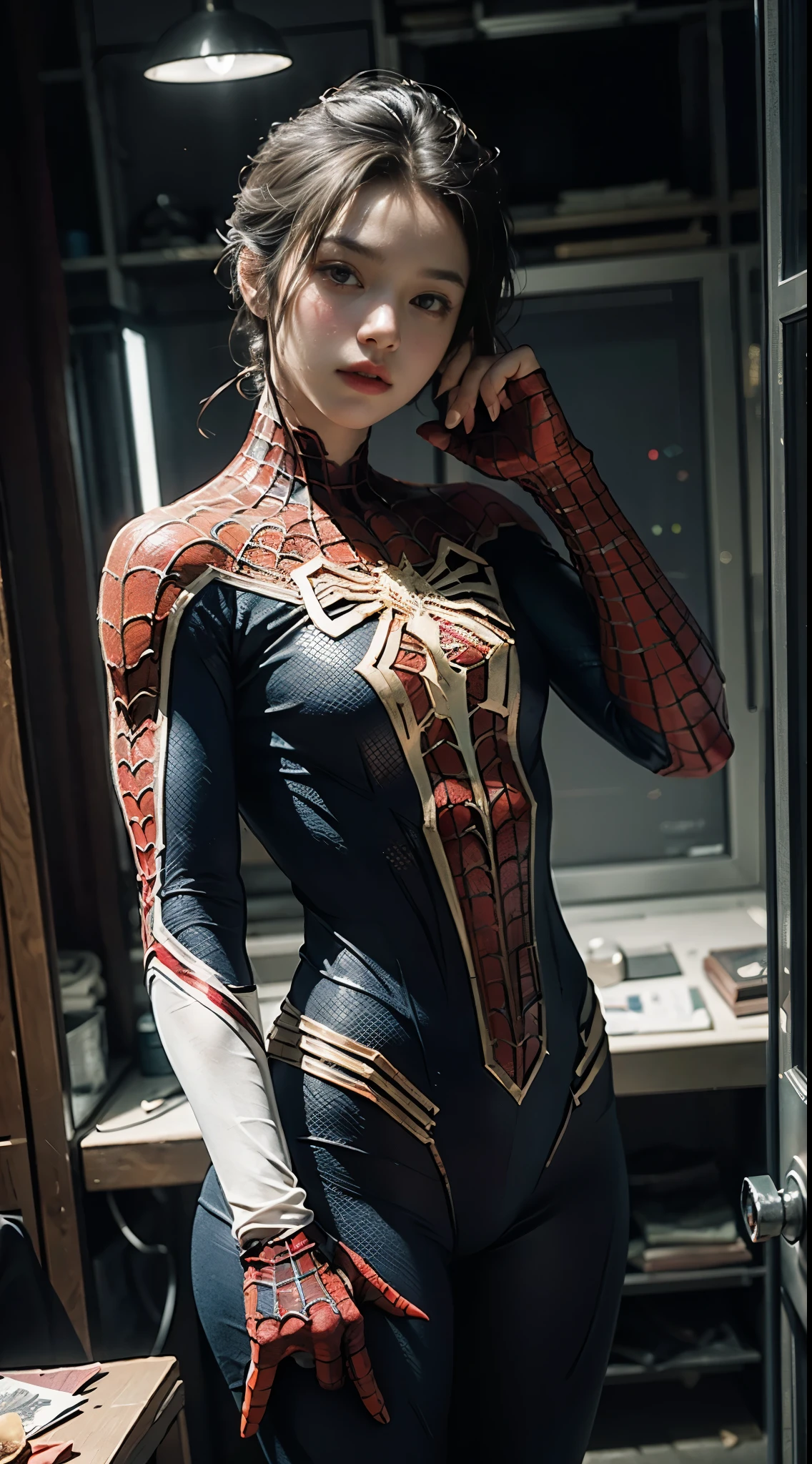 (Highly Detailed CG Unity 8K Wallpaper, masterpiece, highest quality), (Exquisite lighting and shadows, A very dramatic picture, Cinema Lens Effects), a girl in a white Spiderman costume, , from the Spiderman parallel universe, Wenger, Marvel, Spiderman, Dynamic pose), (Amazing details, Excellent lighting, Wide-angle), (Excellent rendering, Stand out in the same class), focus on white Spiderman costumes, Intricate spider texture、Red and Blue
