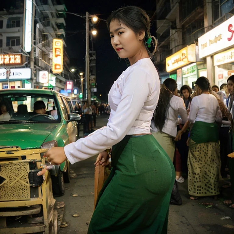 Gorgeous Burmese female teacher, on the street of Yangon, neon lights, beautiful body, upper white and lower green outfit Hair knot