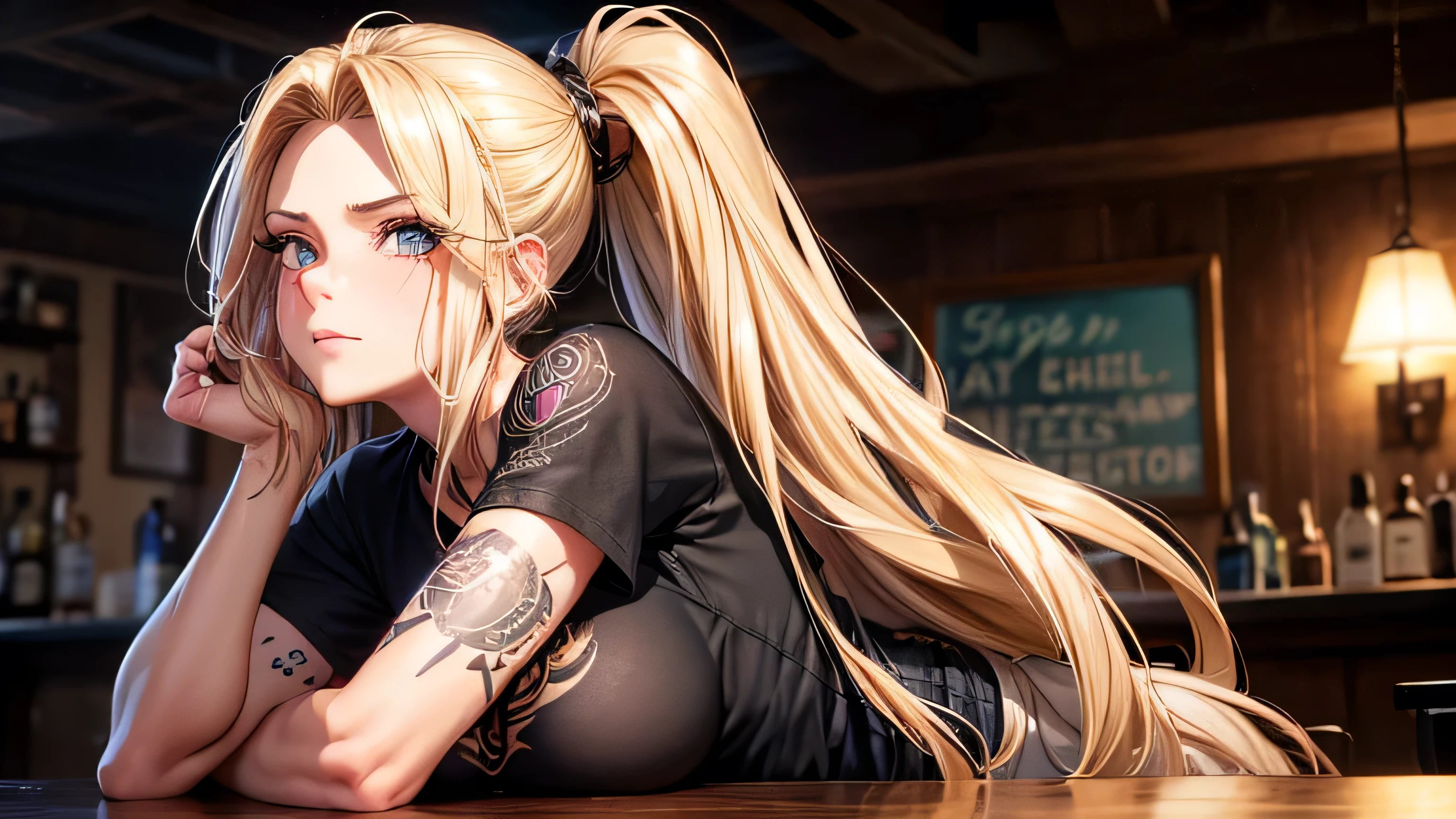 40s One woman Black short-sleeved T-shirt, tattoo, beautiful blonde Long Hair up A worn-out bar Bourbon Perfect and detailed facial expression Perfect and detailed eye depiction Perfect and detailed hair Perfectly detailed upper body Perfect and detailed breast depiction