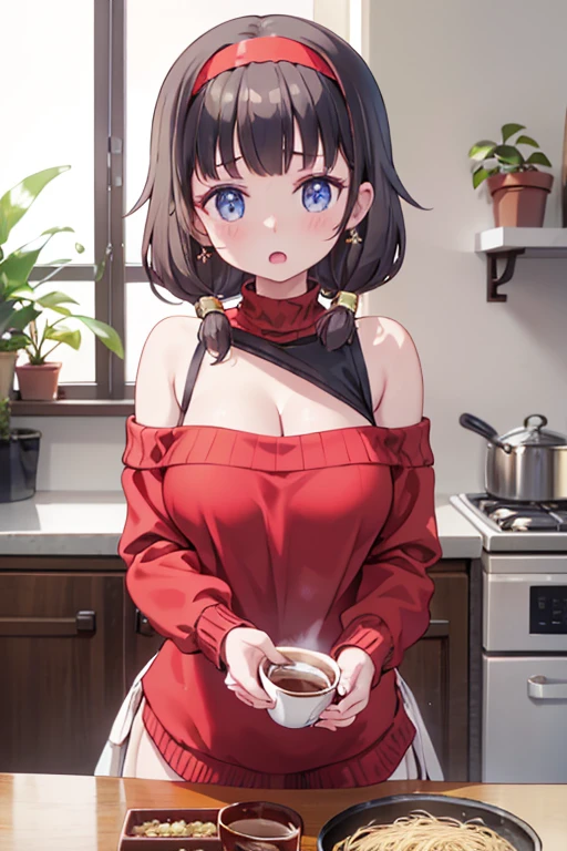 masterpiece, yor, 1girl, Amazing Cleavage:1.3, thin waist, big ass, Raised sexy, medium breast: 1.8 posed cleavage:1.2、solo, looking at viewer, open mouth, have a cup of coffee,black hair, red eyes, dress, bare shoulders, jewelry, collarbone, sidelocks, hairband, earrings, indoors, off shoulder, :o, sweater, arms behind back, plant, short hair with long locks, white hairband, off-shoulder dress, sweater dress, off-shoulder sweater, red sweater, big side hair, very long side hair,is rendered in (masterpiece: 1.2, best quality), with (ultra high resolution) and an exquisite (depth of field). This masterpiece is not only visually stunning but also tells, make of pasta cooking ,in the kitchen
