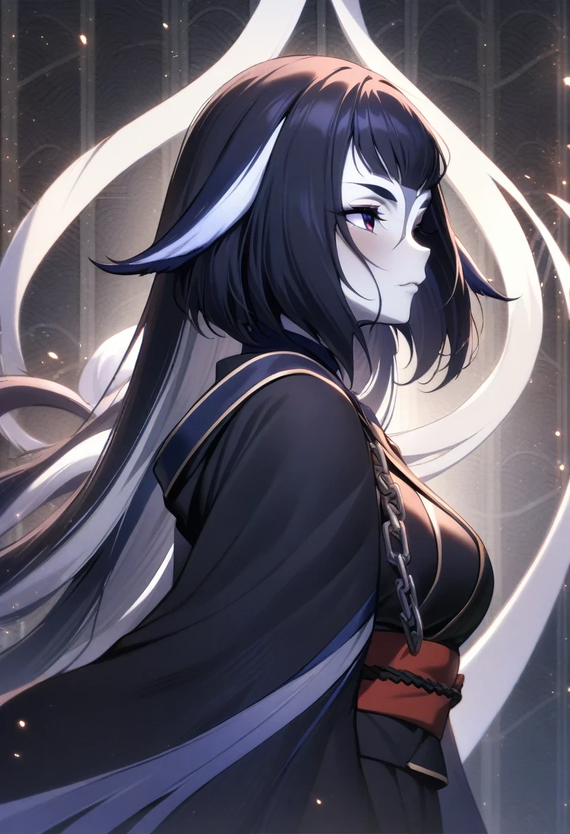 (shylily/(Twich/):1.5),(masterpiece:1.2),(best quality:1.2),, (1girl:1.3),upper body, 1woman, grey-black hair, Long Haired, red eyes, ((ronin)), black cape, big breats, wallpaper, chain background, light particles, ((masterpiece)), ((best quality)), ((Top Quality)), pale white skin, solo, long black katana
