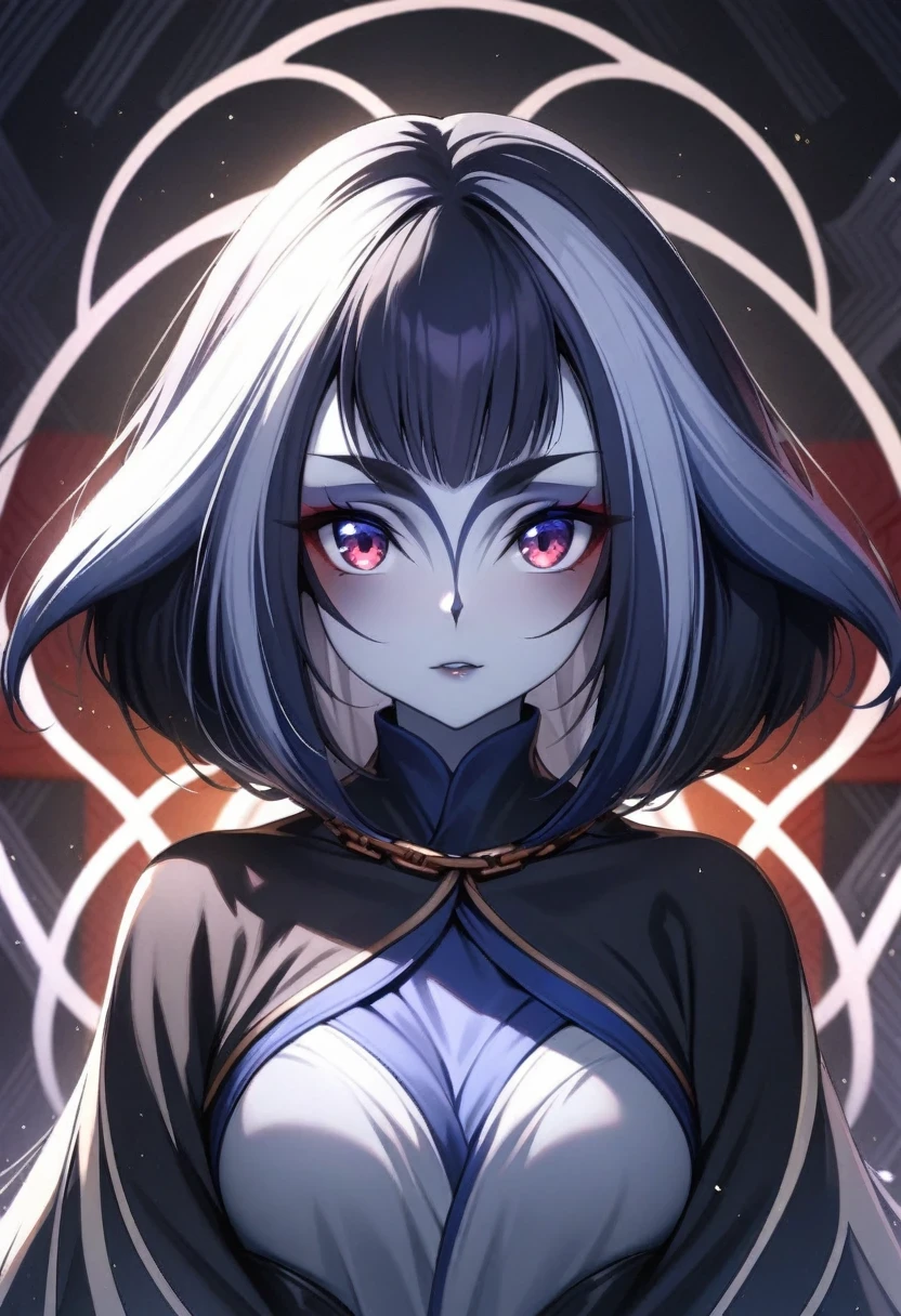 (shylily/(Twich/):1.5),(masterpiece:1.2),(best quality:1.2),, (1girl:1.3),upper body, 1woman, grey-black hair, Long Haired, red eyes, ((ronin)), black cape, big breats, wallpaper, chain background, light particles, ((masterpiece)), ((best quality)), ((Top Quality)), pale white skin, solo, long black katana
